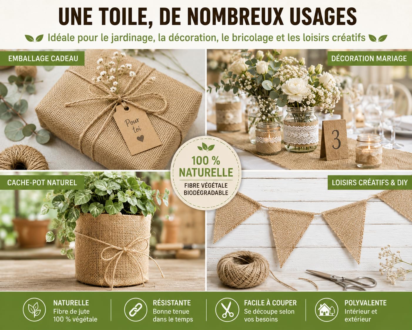 Toile de Jute teinte naturelle, 275 gr/m², rouleau 1 m x 10 m, La Cordeline CJN11C, pour jardinage, emballage ou bricolage, Marron