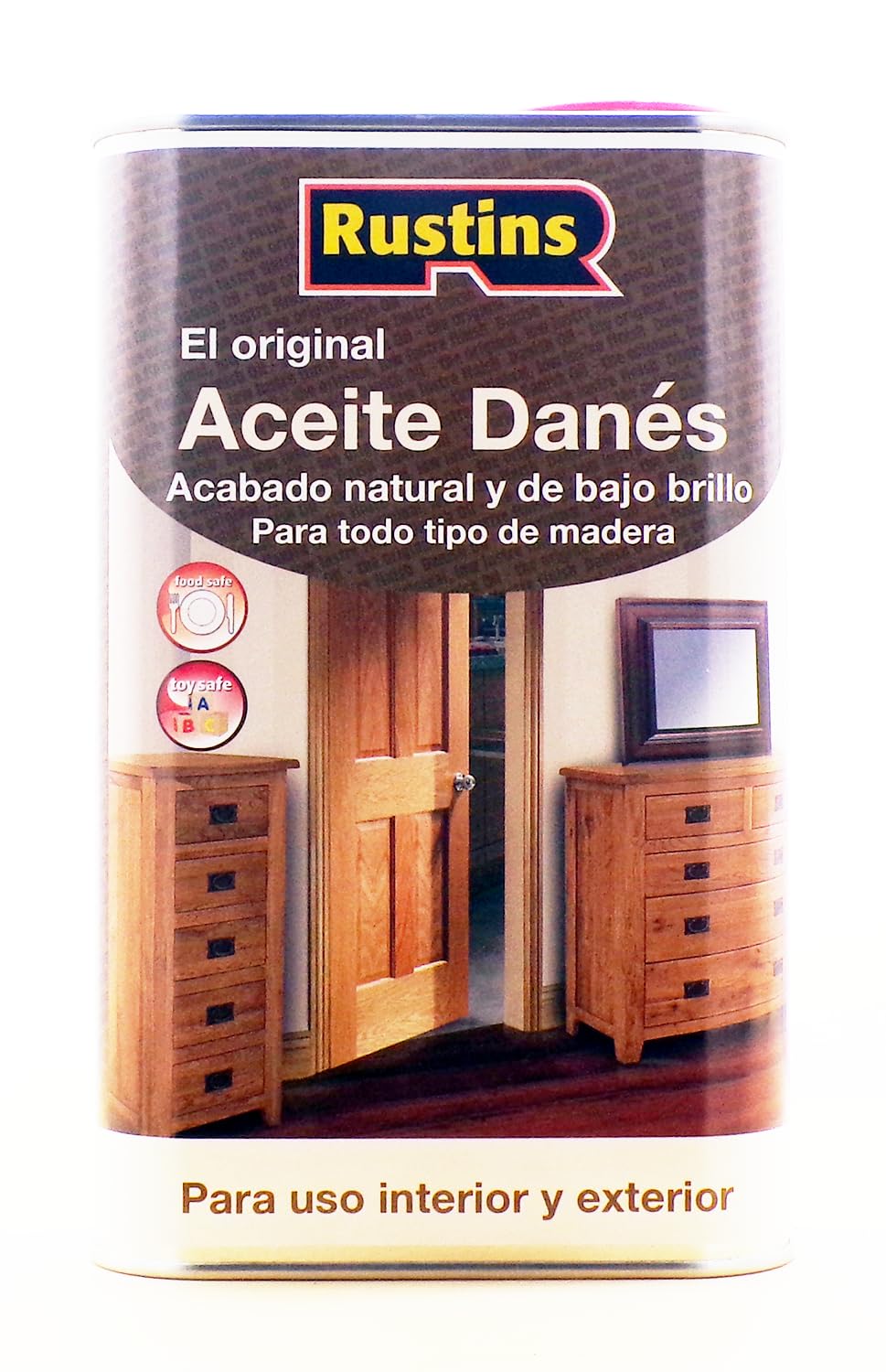 Rustins 1L Danish Oil - Aceite danés claro original para todo tipo de madera - exterior e interior - seguridad, comida y juguetes 12 à 14 m² | Todo tipo de madera, Seguridad alimentaria, Seguridad juguetes, Cubre 14 m²