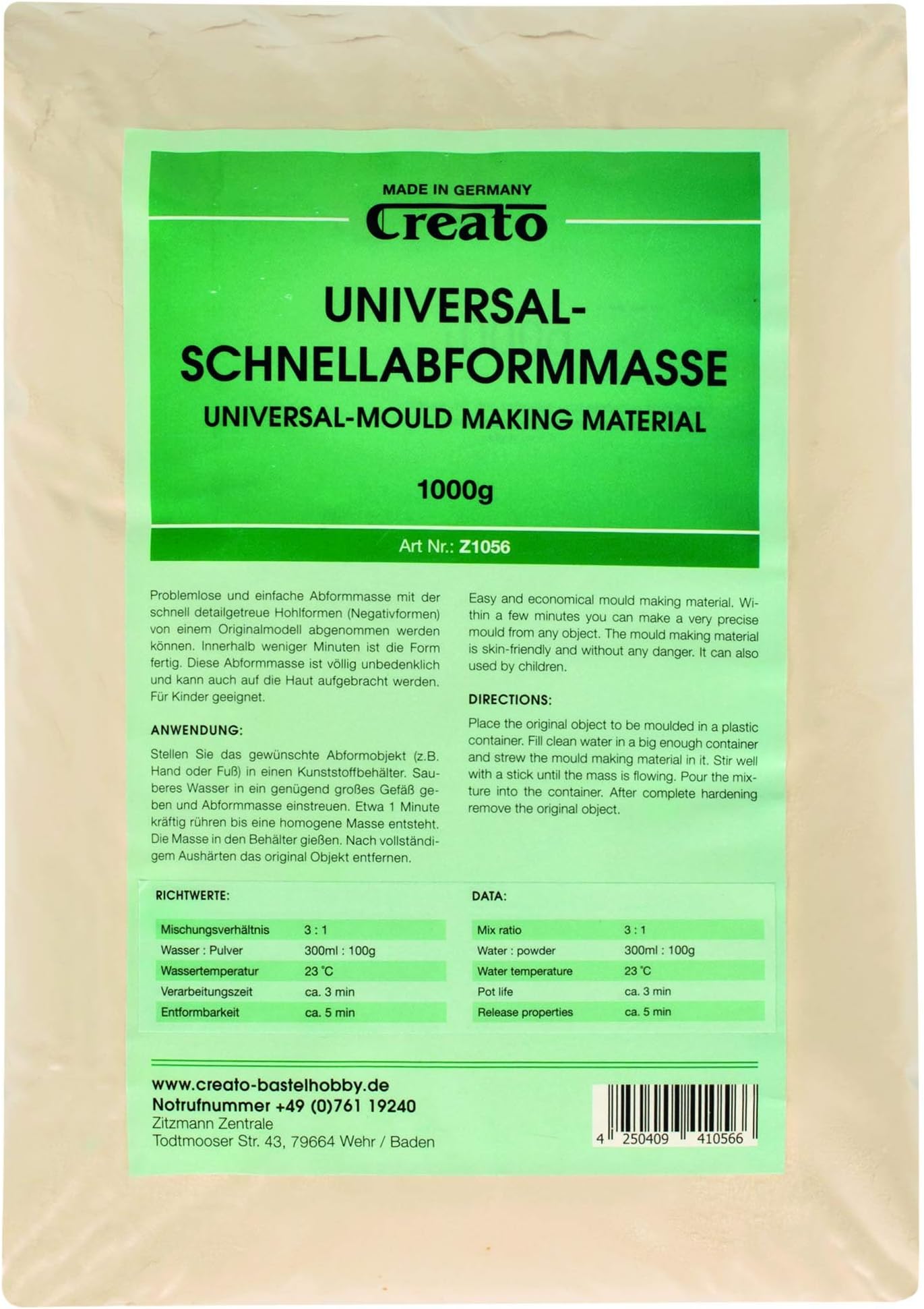 Creato Quick casting 1000g in poly bag, alginate moulding paste