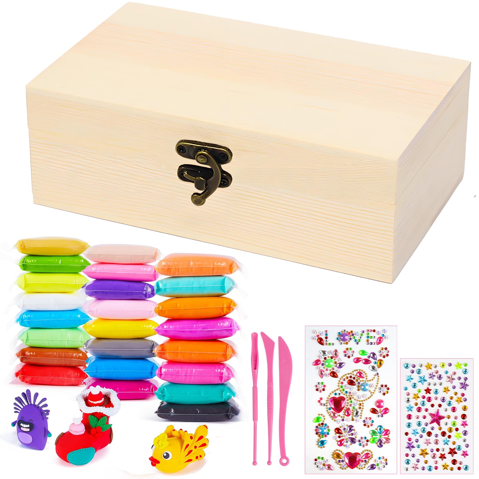 Caja del tesoro de madera, caja de madera con 24 colores, arcilla seca al aire, pegatinas de piedras preciosas, cofre del tesoro para pintar cofre del tesoro para pintar, juego de manualidades, regalo