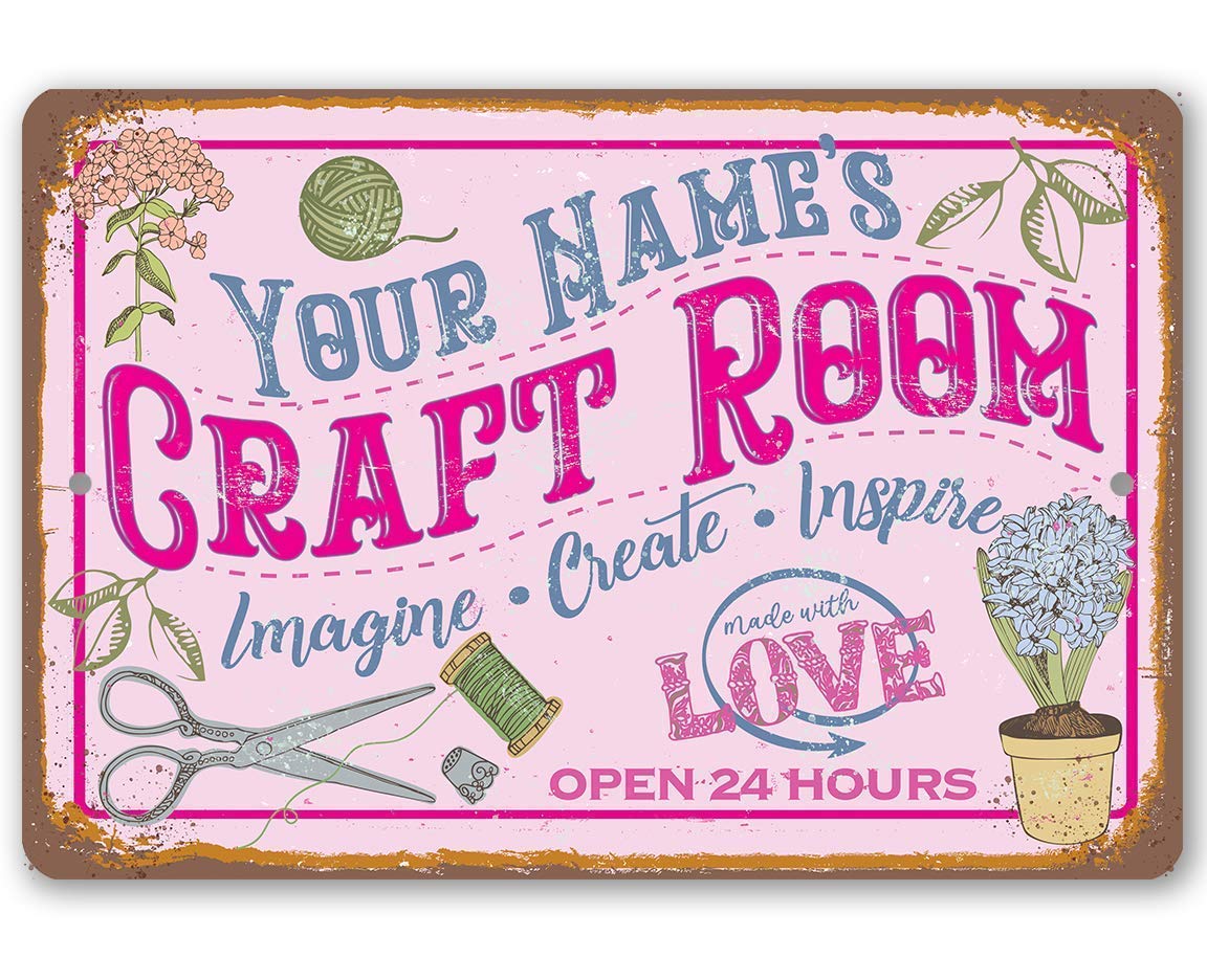 Personalized Craft Room Sign - Pink Sewing Room Decor, Custom Name Print Quilting Gift, Mothers Day for Girl Gift Idea, 8x12 or 12x 8 Use Indoor or Outdoor Metal Tin Sign