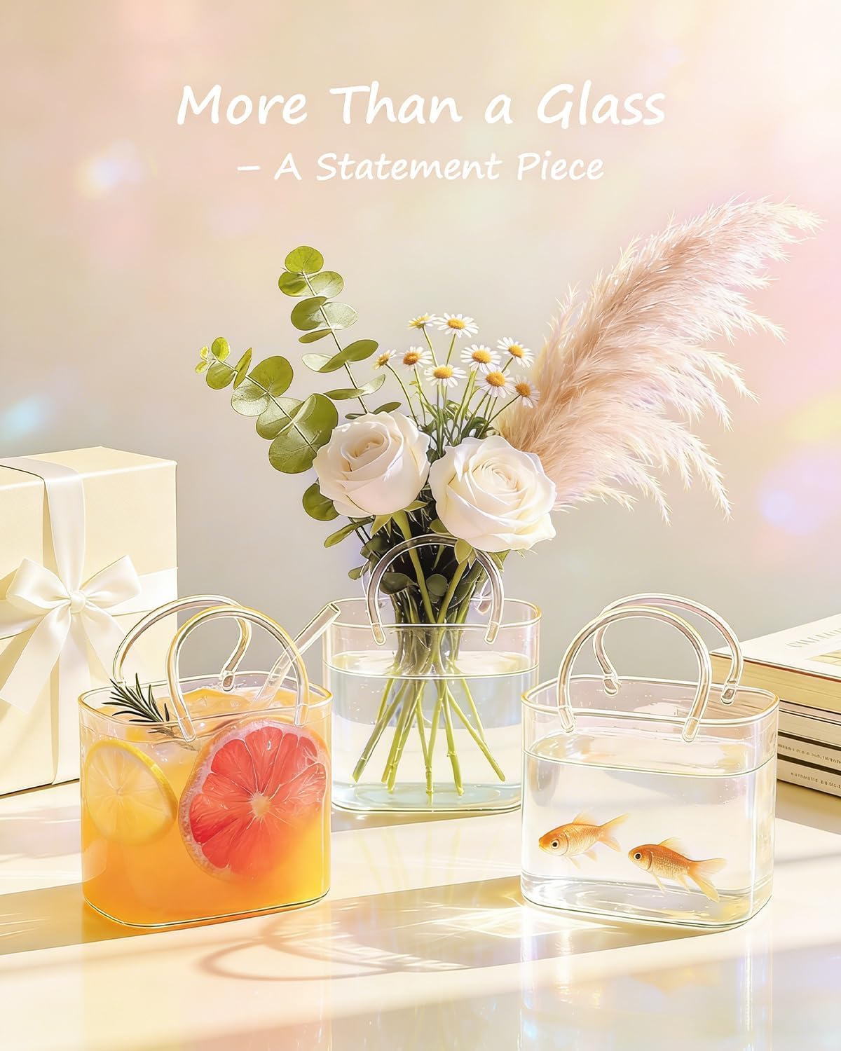 Glass Purse for Drinks, Purse Drinking with Take Shots Straw, Decorative Fish Bowl Vase with Straw, Handbag Vases for Cute Room Decor, for Fruit Juice, Tea, Flowers, Aesthetic Party (2pc)