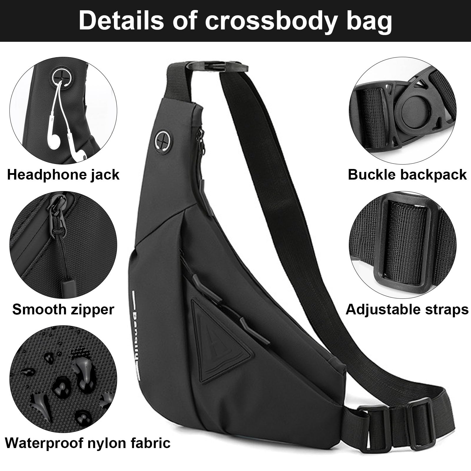 Sling Crossbody Bag, Umhängetasche Unisex, Lässige Brusttasche Wasserdicht Leicht Gym Backpack, Diebstahlsicher Sling Rucksack, mit Verstellbarem Schultergurt, für Outdoorsport, Reisen (Schwarz)
