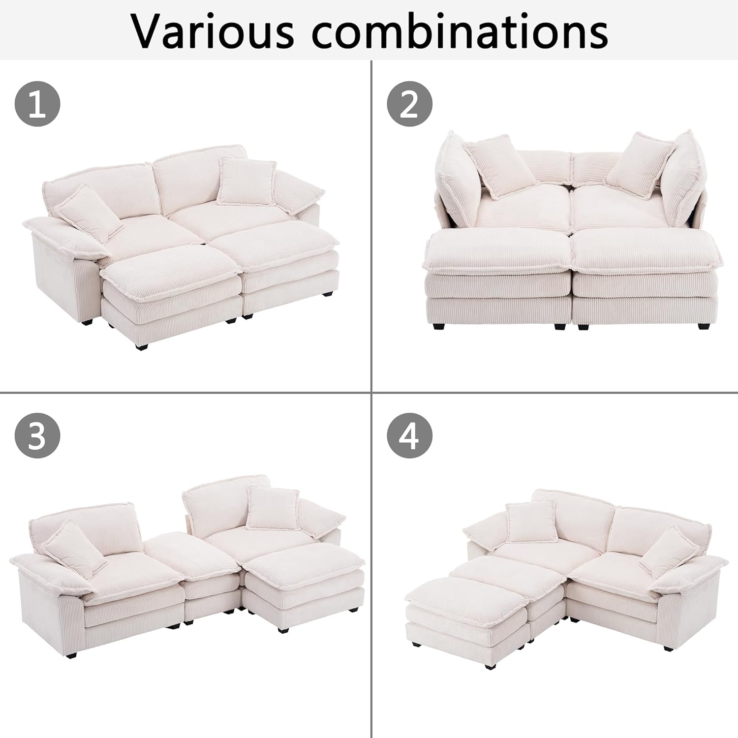 84.6” Corduroy Loveseat with Ottoman, Oversized Double Chaise Lounge Chair Indoor Deep Seat Two Seater Couch Cloud Couch Modular Sectional Sofa for Living Room(Corduroy White)