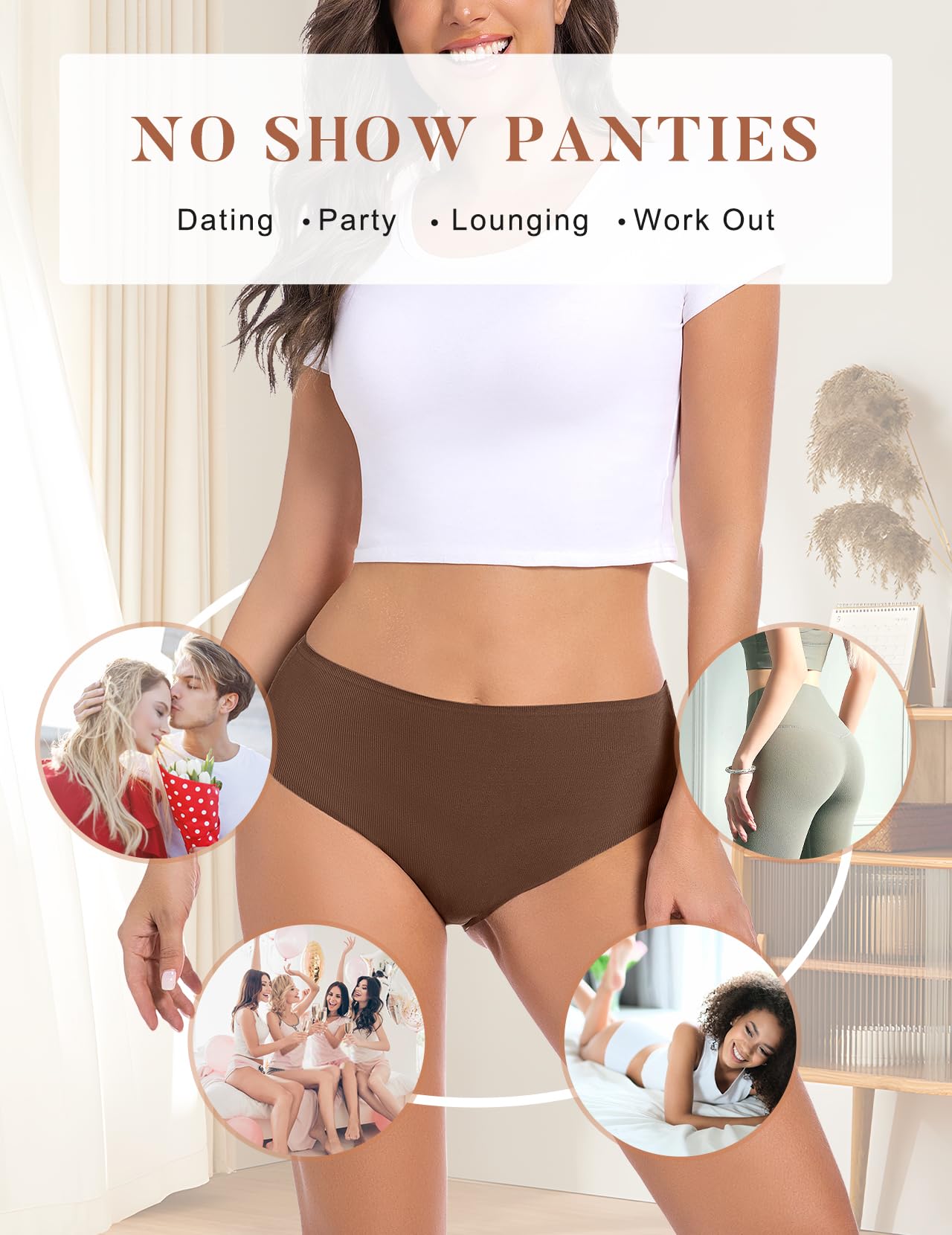 Ropa interior atrevida para mujer, sin costuras, borde ondulado, acanalado, talle alto, paquete de 6