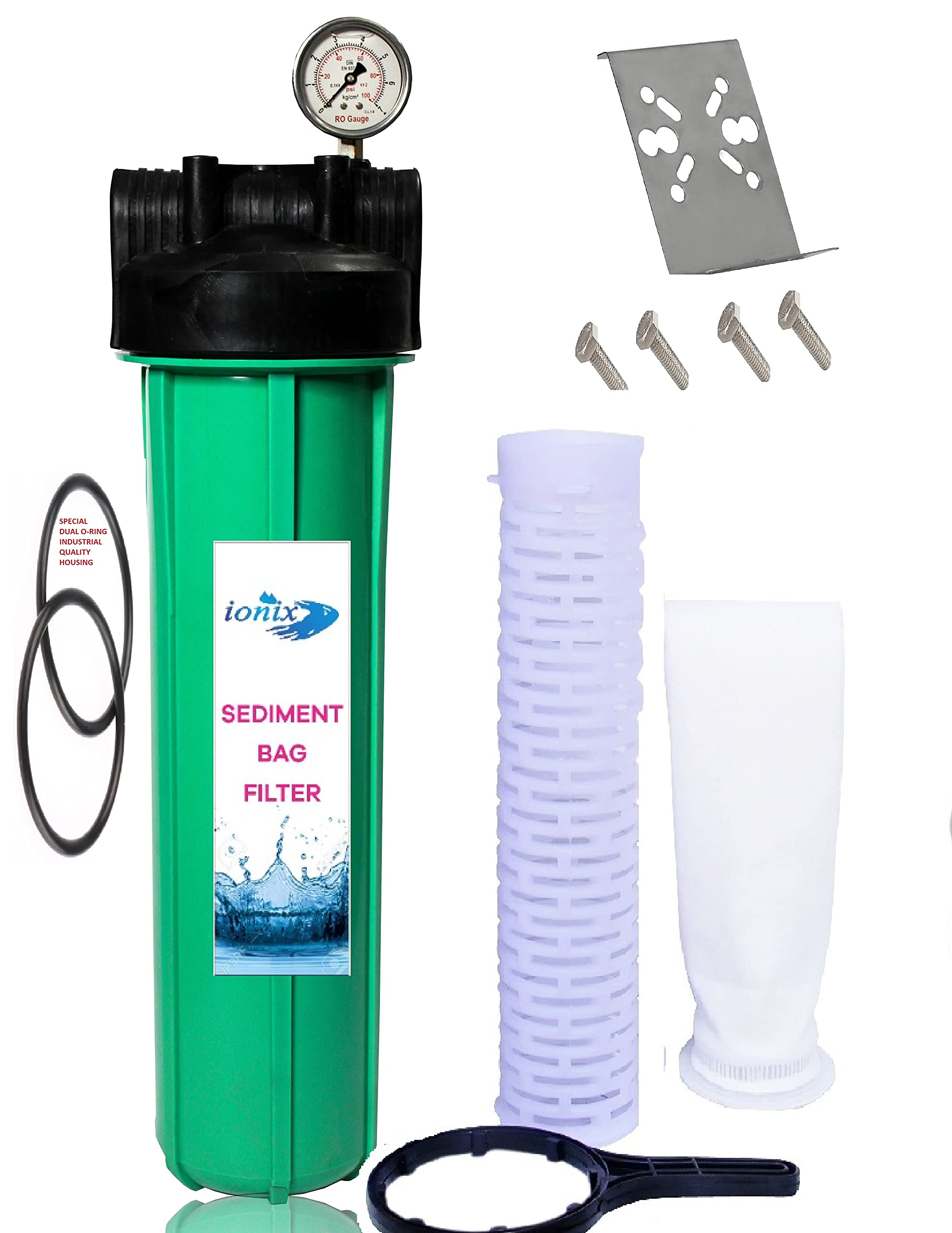 IONIX Double Silicon O ring Industrial Quality Bag filter assembly | bag filter 20 inch 5 Micron | With Glycerine Pressure Guage 1.5 inch in out | 1 Set, Green