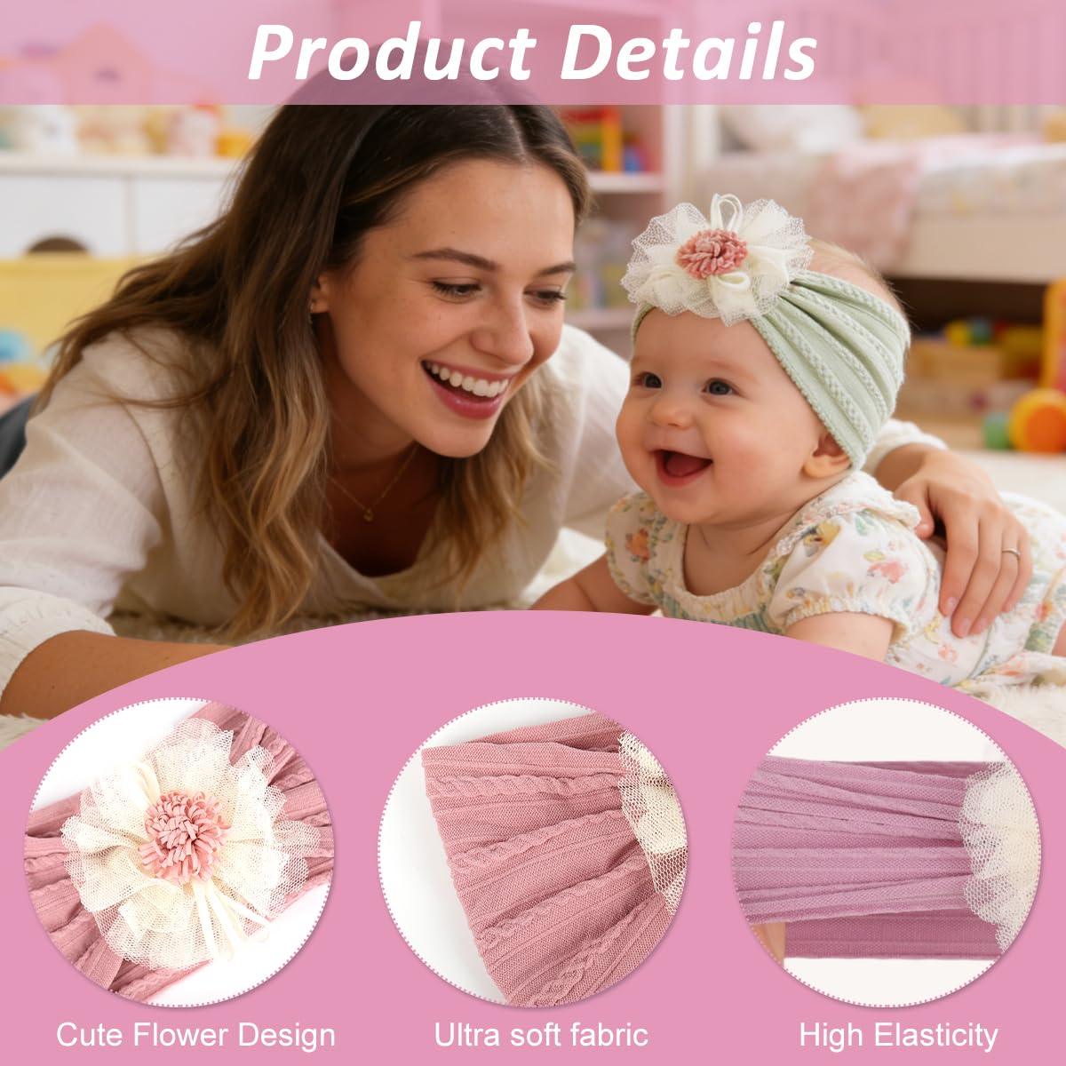SNOWIE SOFT 3Pcs Baby Girl Hair Bands 0-24M, 3-Color Nylon Stretchy 1