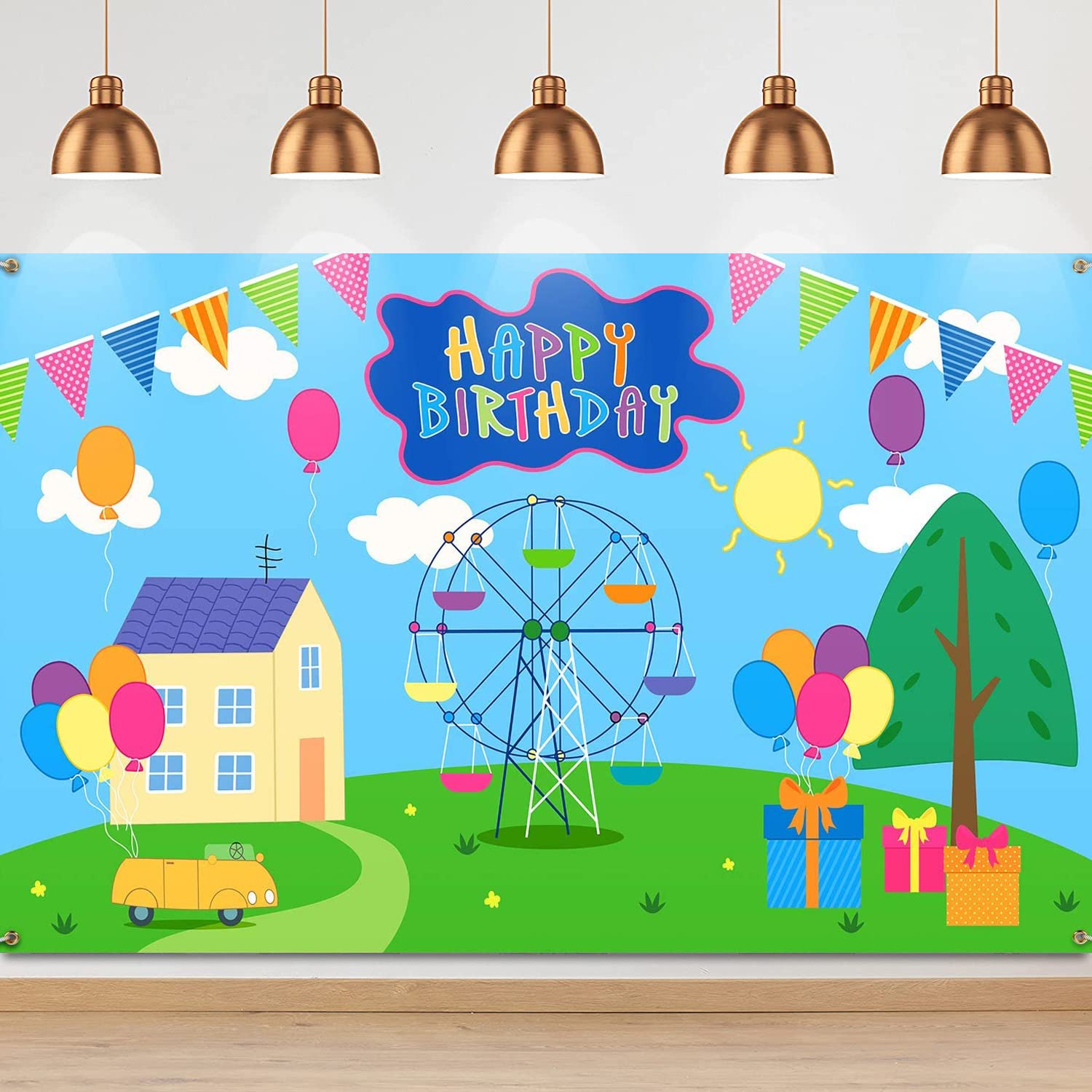 Happy Birthday Backdrop Colorful Cartoon House Sky Blue Photography Background Cartoon Pig Theme Banner for Baby Shower Birthday Party Decorations,
