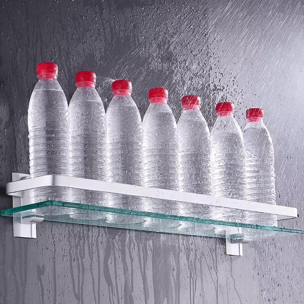 LUUYYI Estante de baño de cristal, estante de ducha de vidrio de 15.7 pulgadas con riel de aluminio, estante de ducha flotante sin taladrar, moderno estante de baño montado en la pared, estantes