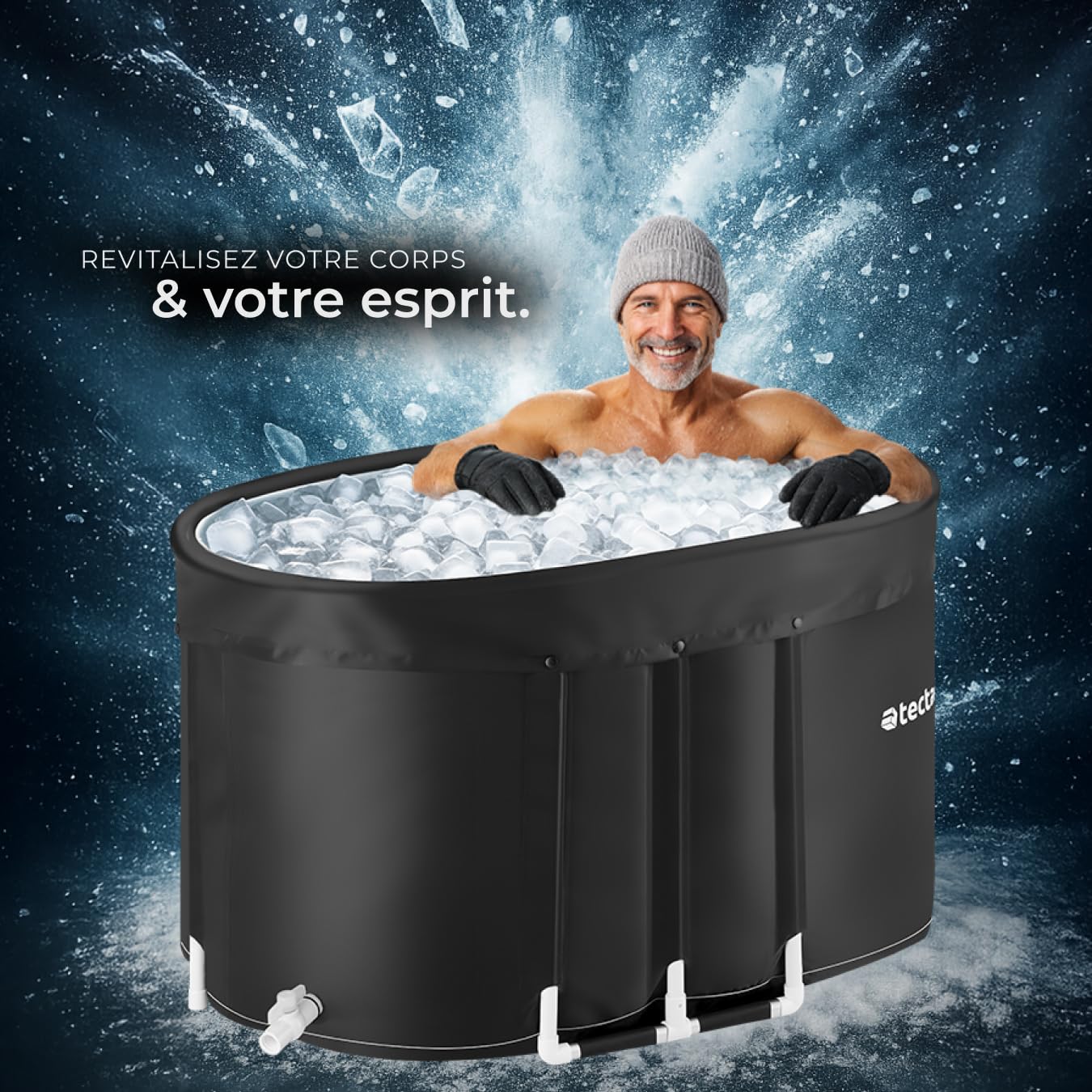 tectake® Baignoire à glace 105 x 70 x 66 cm Bain nordique 375 Litres Bain froid, Sac de transport et Coussin d’eau Baignoire pliable adulte Ice bath Recuperation musculaire Cryothérapie Sport maison