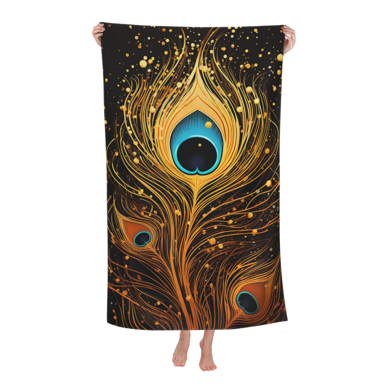 HLBSDM Peacock Feather Gold Design Beach Towel 52 x 32 in Vacation Essentials Quick Dry Sand Free Pool Swim Towel Super Absorbent Bath Towels Oversized Gym Towels Travel Blanket Gift