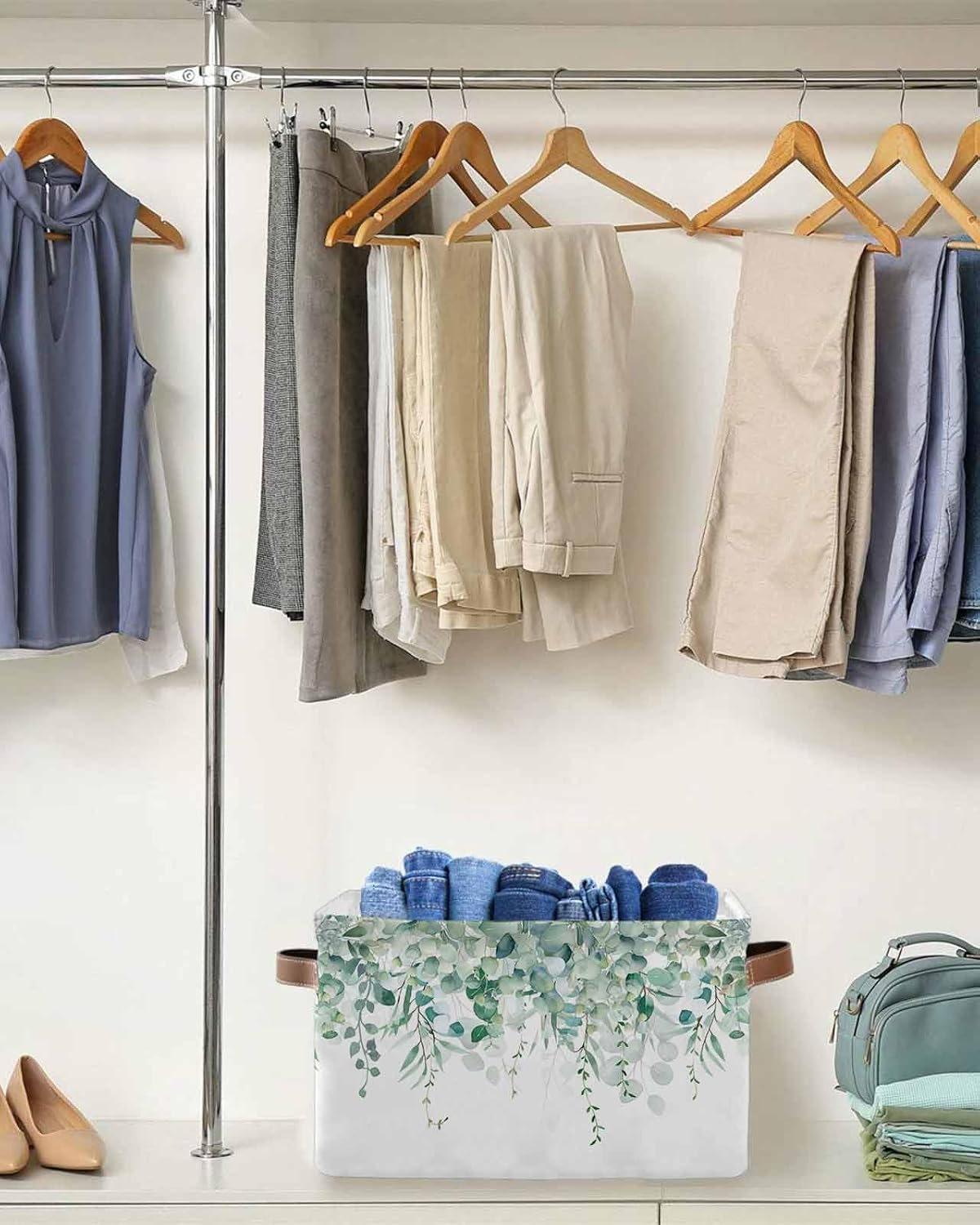 Storage Basket Sage Green Eucalyptus Large Foldable Storage Bins with Handles Watercolor Leaves Waterproof Fabric Laundry Baskets for Organizing Shelves Closet Toy Gifts Bedroom Home Decor