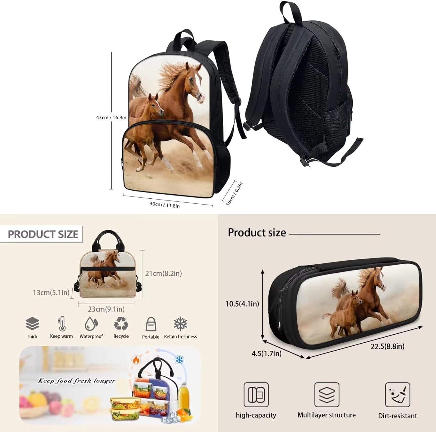 AmzPrint Horse Backpacks For Girls With Lunch Box,Elementary School Bags3 In 1 Bookbag Set Camping Childrens Backpack image 4