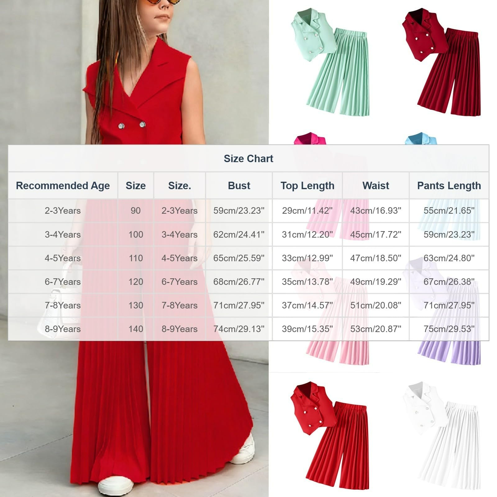 XINYUNZU Mädchen Anzug Set Hosenanzug Weite Hose und Ärmellose Blazer Set Leichte Sommerhose mit Sommer Top Mode Outfit 2-Teilig Kleidung Kinder Freizeitanzug Kinderkleidung 2-9 Jahre