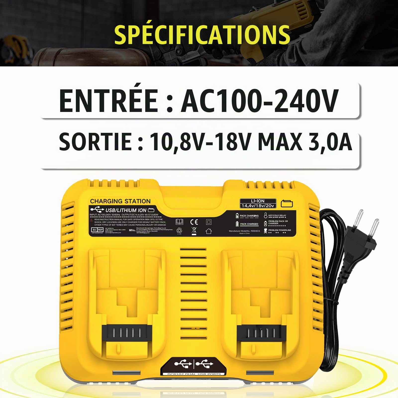 2Pack 18V 10.0Ah Batteries pour Dewalt + 4A Double Chargeur DCB102