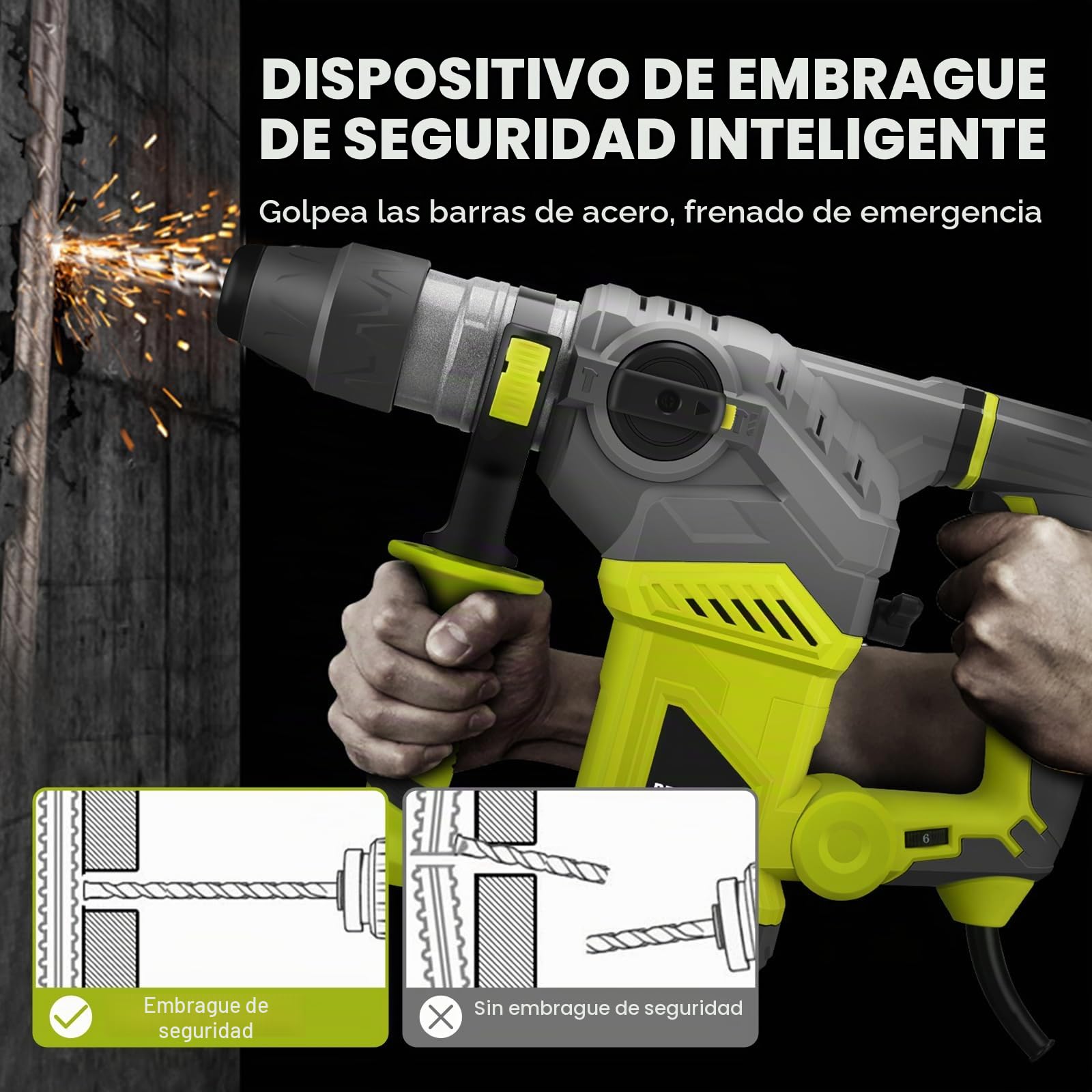 DEWINNER Martillo Percutor SDS-Plus,1500 W, 6 velocidades, 850RPM, 4400BPM, 5.5J, embrague de seguridad y tecnología antivibración, 3 funciones, incluye organizador, cincel y broca de 32mm