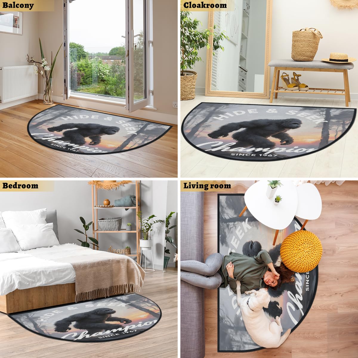 Bigfoot Hide Seek Champion große halbrunde Fußmatte – rutschfest, saugfähig, halbrund, Eingangsbereich, niedlich, weich, halbrund, waschbar, Teppich für Küche, Badezimmer, Schlafzimmer, 160 x