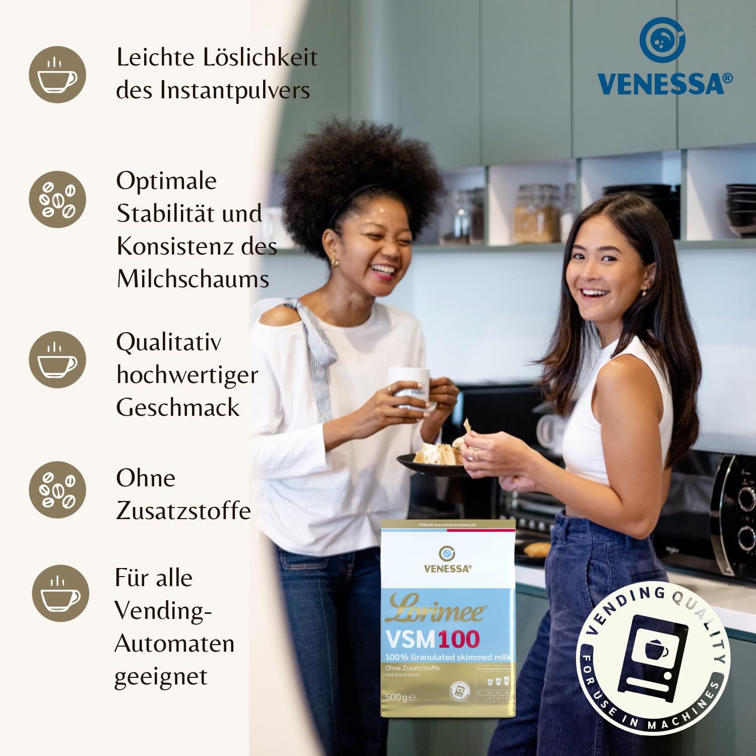 Venessa VSM 100 Lorimee 20 x 500g Magermilchpulver Granulat Hochwertiges Skimmed Milchpulver, Vorratspackung, Geeignet für alle Kaffeeautomaten und Heißgetränkeautomaten