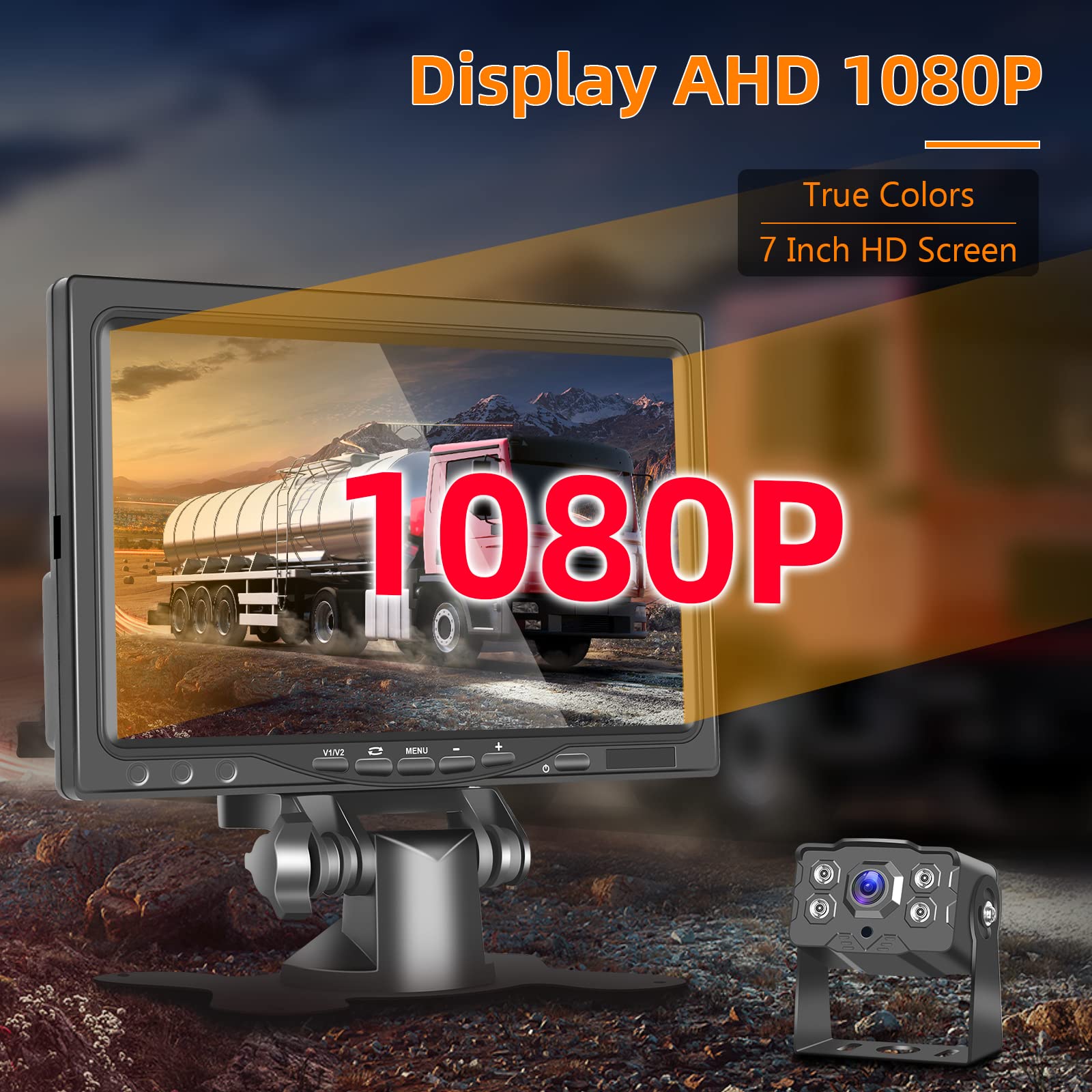 Hodozzy Cámara de Marcha Atrás con Monitor IPS de 7" y Cámara AHD, Impermeable IP68, Camara de Visión Trasera con Visión Nocturna Infrarrojos, 15 m Cable 4 Pines para Camión/Remolque/Bus(9-36 V)