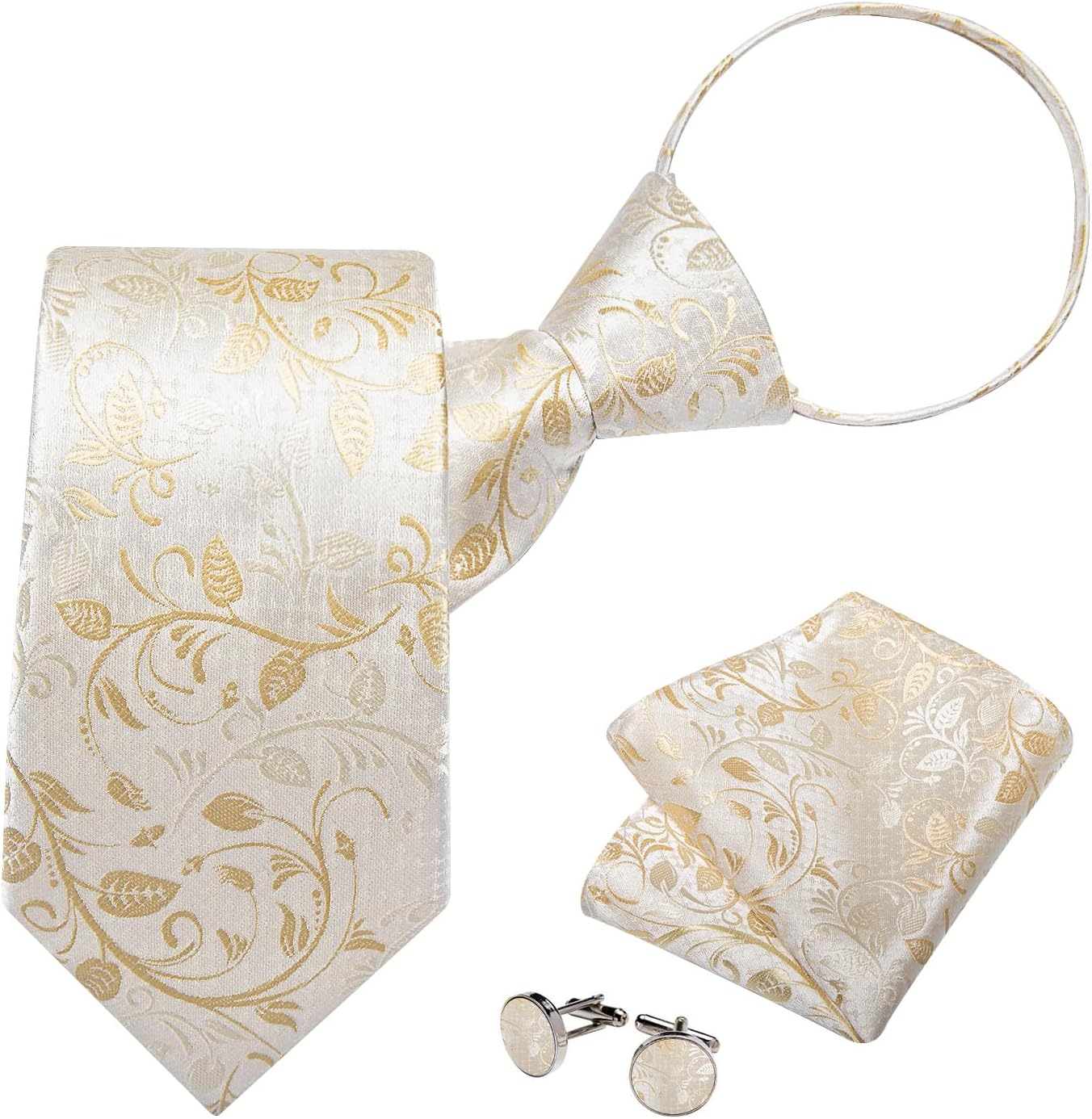 DiBanGu Silk Zipper Ties for Men,Paisley Solid Plaid Pre-tied Tie and Pocket Square Cufflinks Set Formal Adjustable Necktie