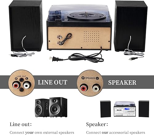 Miniatura 6 de 10 in 1 Record Player with External Speakers, 3 SpeedTurntable with AM/FM Radio, CD & Cassette Player, Bluetooth, USB/SD Playback, Remote Control,