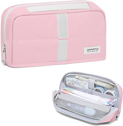 Omnpak Estuche para lápices de pie, estuche de gran capacidad con asa, organizador de papelería, estuche plegable con velcro, bolsa para lápices