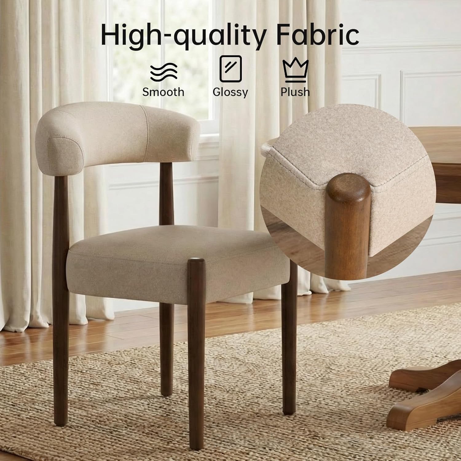 VKNOW Wooden Dining Chairs Set of 4, Modern Upholstered Dining Room Chairs with Walnut Wood Legs and Curved Backrest, Fabric Kitchen Chairs for Farmhouse/Living Room/Dining Room, Beige