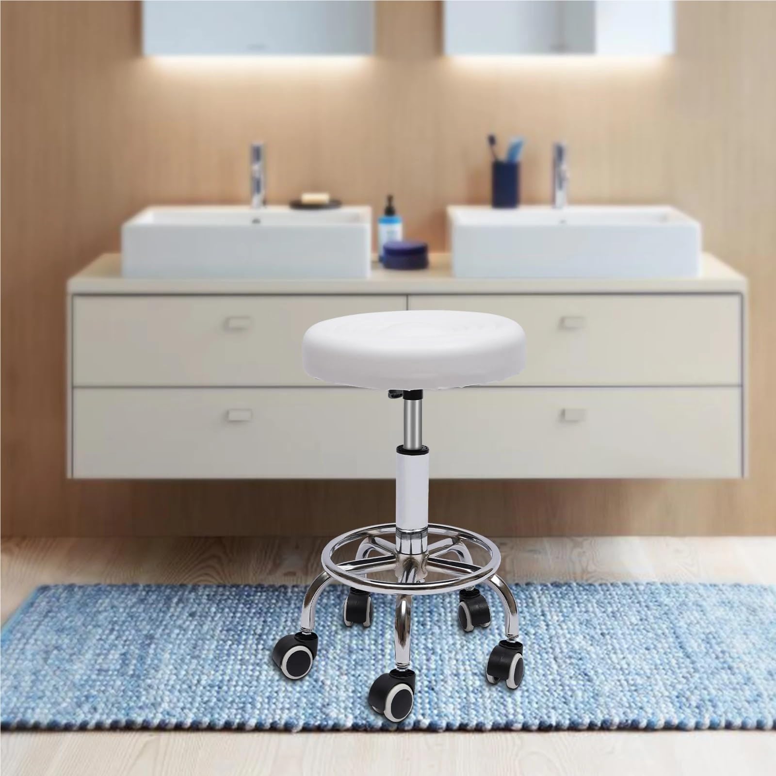Asiento de mecanico Taburete Redondo con Ruedas y reposapiés de Altura Regulable para masajes de SPA y salón, Color Blanco y Negro Taburete Taller(White)