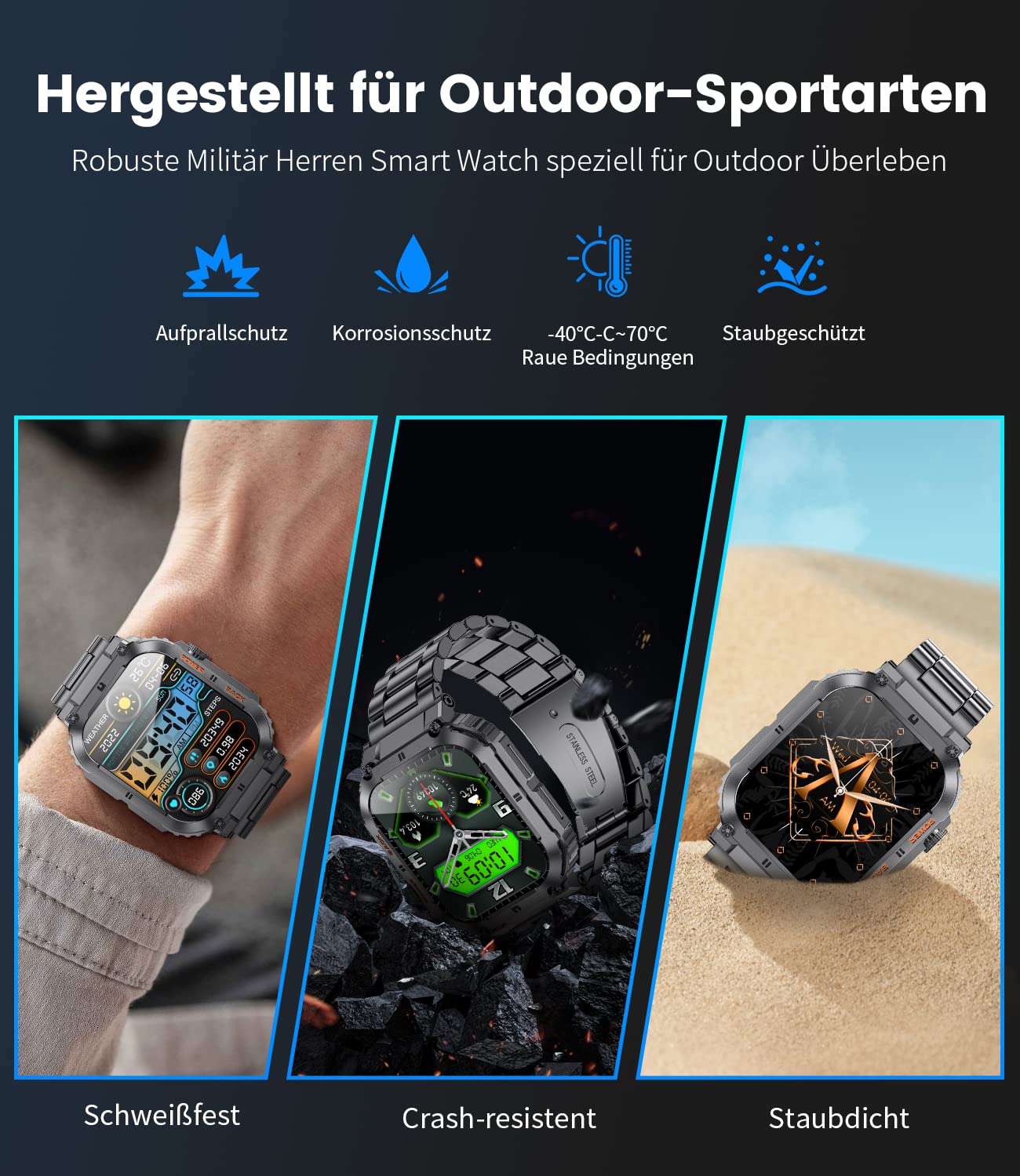 Smartwatch Herren Militärische mit Telefonfunktion,1.96'' HD Touchscreen,100+ Sportmodi Aktivitätstracker mit Herzfrequenz/SpO2/Schlafmonitor/Schrittzähler,400mah Sportuhr,5ATM Wasserdicht Schwarz