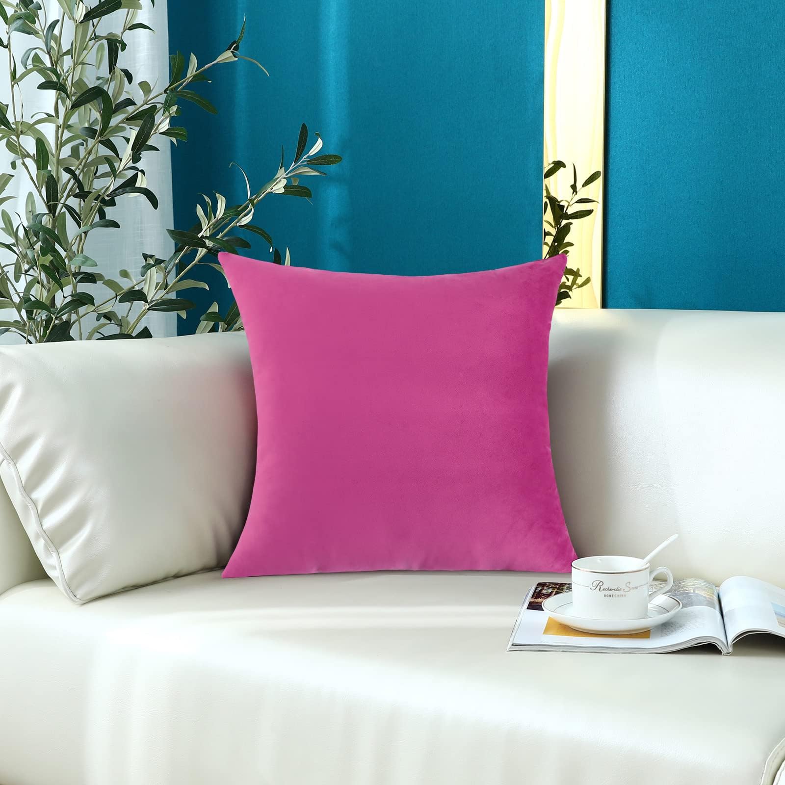 mixeoo Comfy Hot Pink Throw Pillow Covers Decorative Square Solid Thick Velvet Super Soft Cushion Cases Home Decor for Sofa Couch Living Room, Set of 1, 24 x 24 Inch
