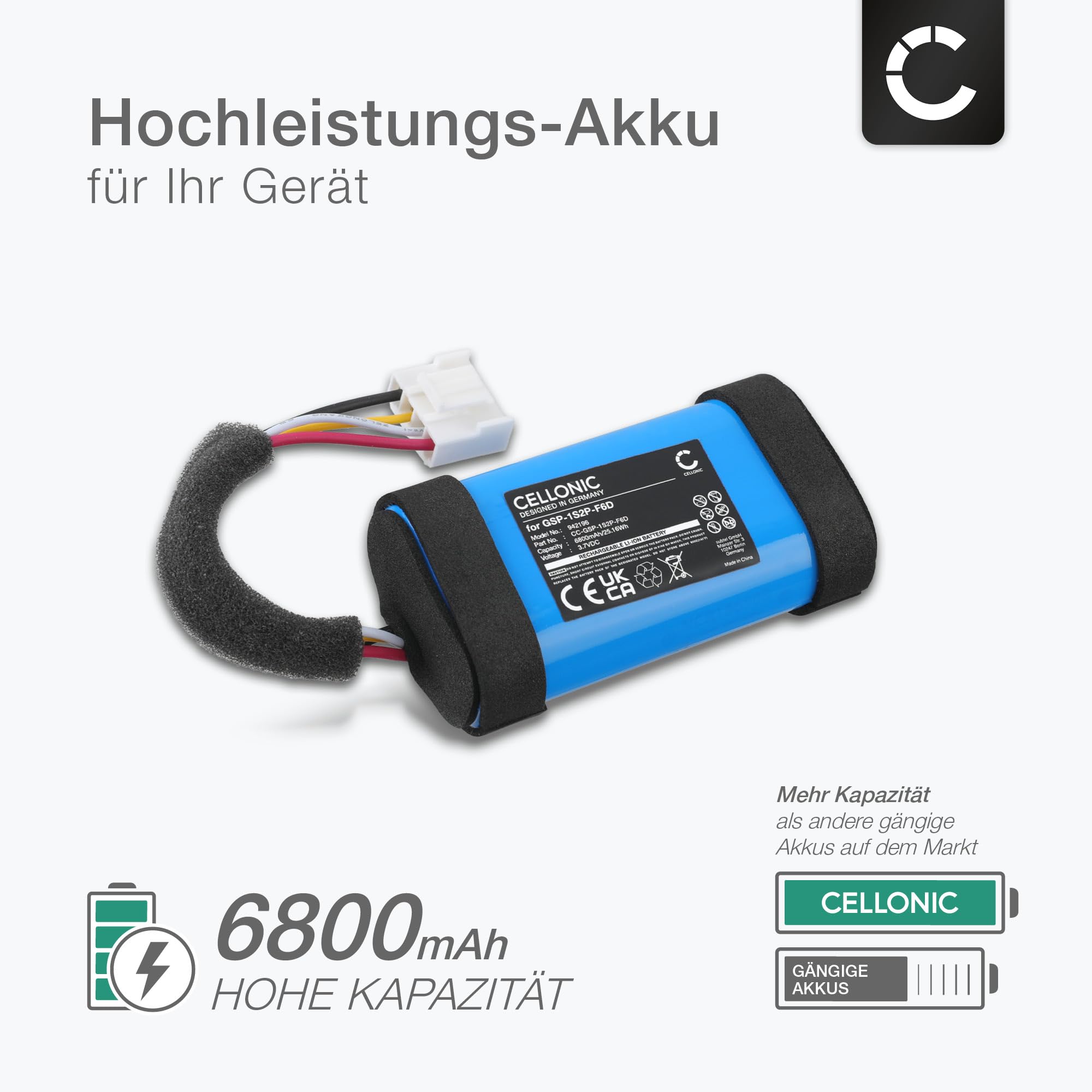 CELLONIC 1x Akku für Lautsprecher Kompatibel mit JBL Flip 6, GSP-1S2P-F6D - (6800mAh, 3.7V)
