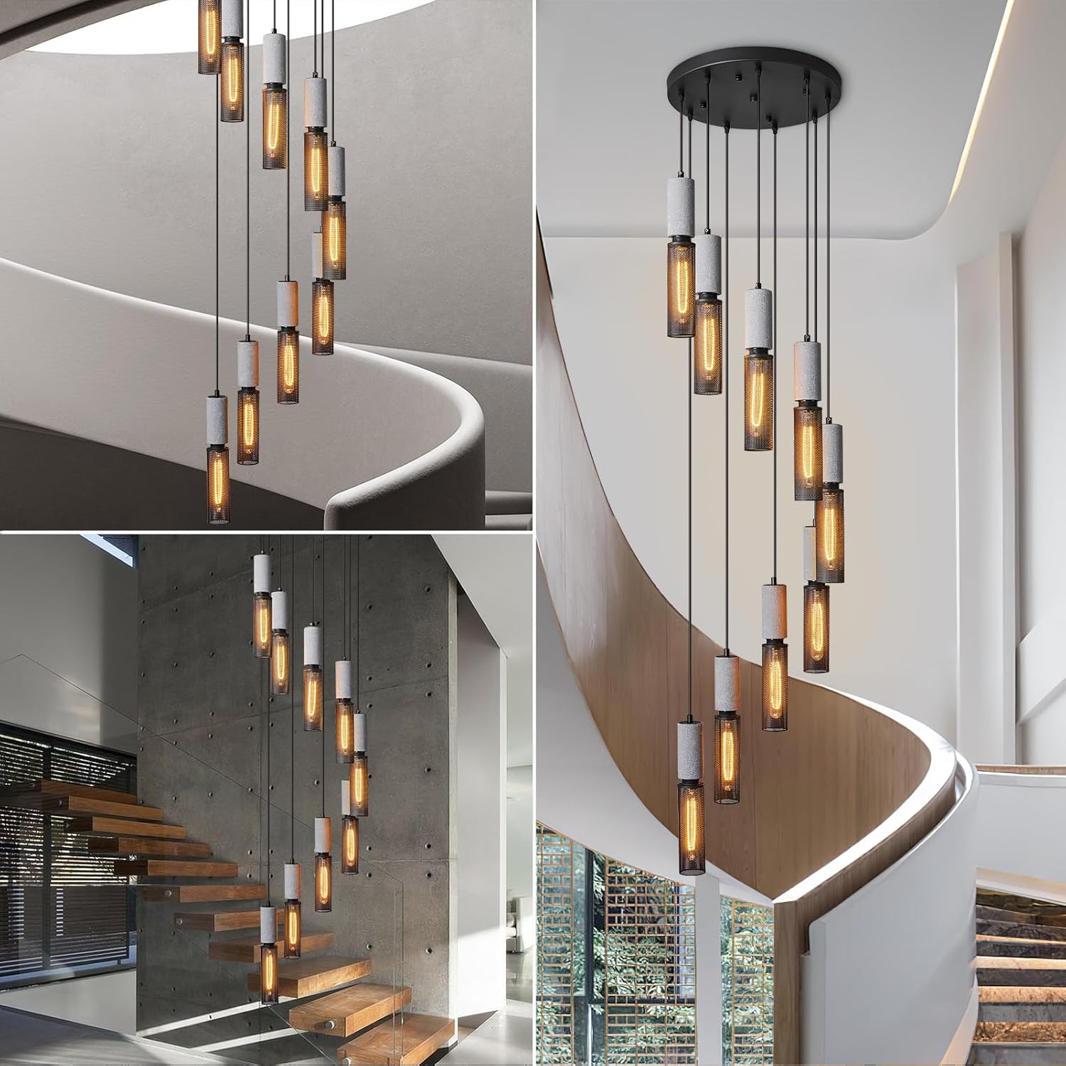 9-Light Concrete Linear Black Pendant Light with a Metal Mesh Shade,Staircase Large Chandelier Lobby Living Room Bedroom Foyer High Ceiling Chandelier