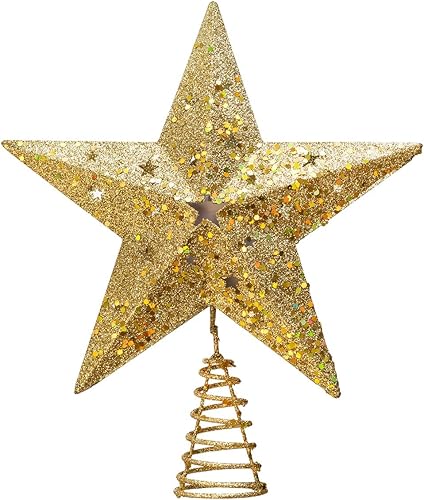 Miniatura 2 de Joiedomi Decoración para árbol de Navidad, estrella dorada iluminada con proyector LED giratorio de arco iris para decoración de árbol de Navidad,