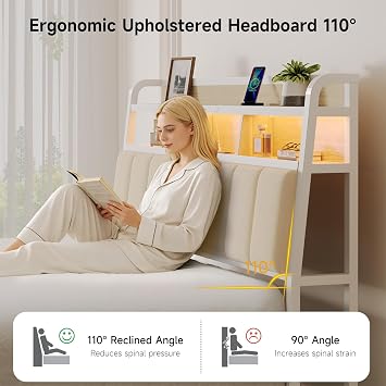 ComfyCorner Queen Size Headboard with Storage & LED Light, Off White