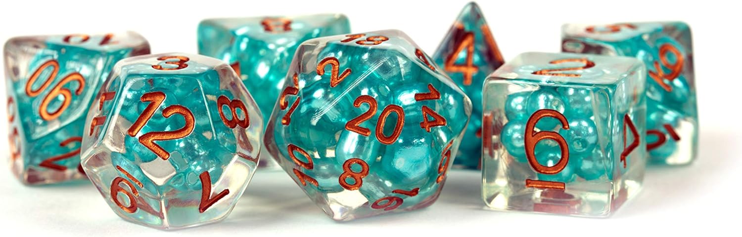 Pearl Dice Teal w/ Copper Numbers 16mm Resin Poly Dice Set