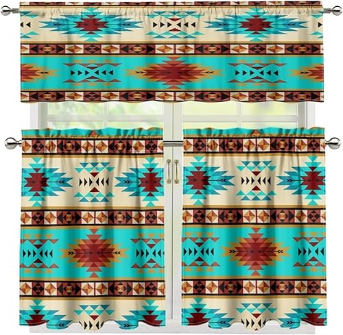 ZFRXIGN Cenefa de cortina de cocina tribal azteca para ventanas, sala de estardormitorio, cenefa de ventana de ventana, tratamiento corto turquesa