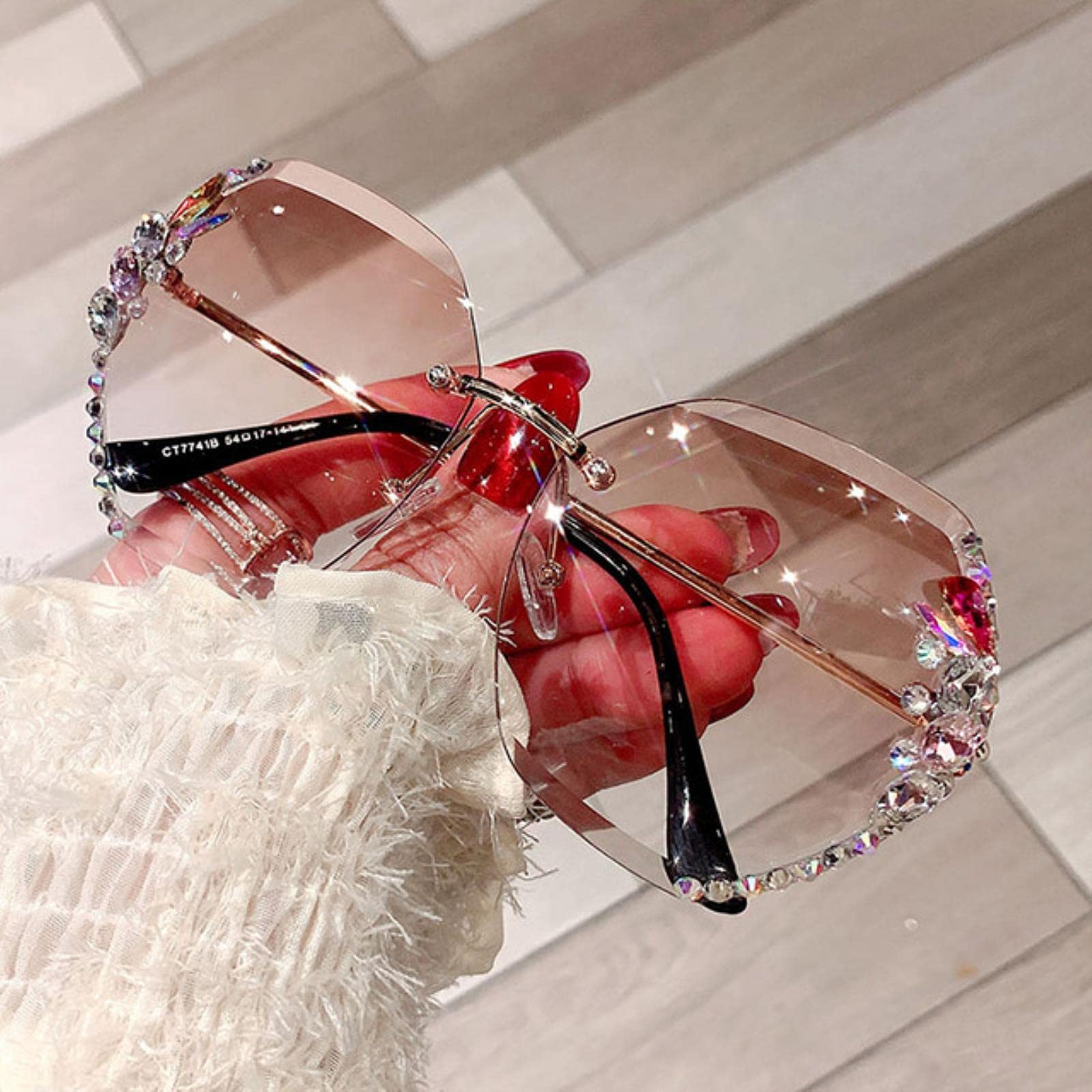 JIMINISO Fashion Brand Design Vintage Rimless Rhinestone Sunglasses Women Men Retro Cutting Lens Gradient Sun Glasses Female UV400