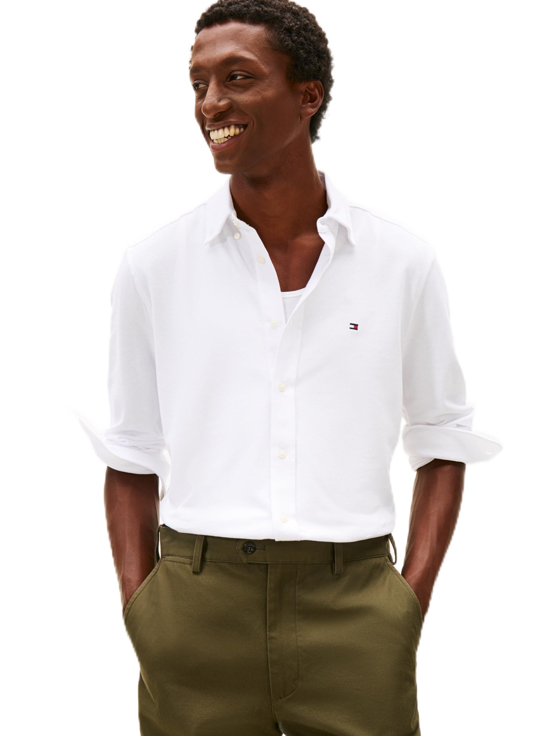Tommy Hilfiger Męska dzianinowa koszula Pique Featherweight MW0MW41690 L/S, biała, XXL, Biały (biały), XXL