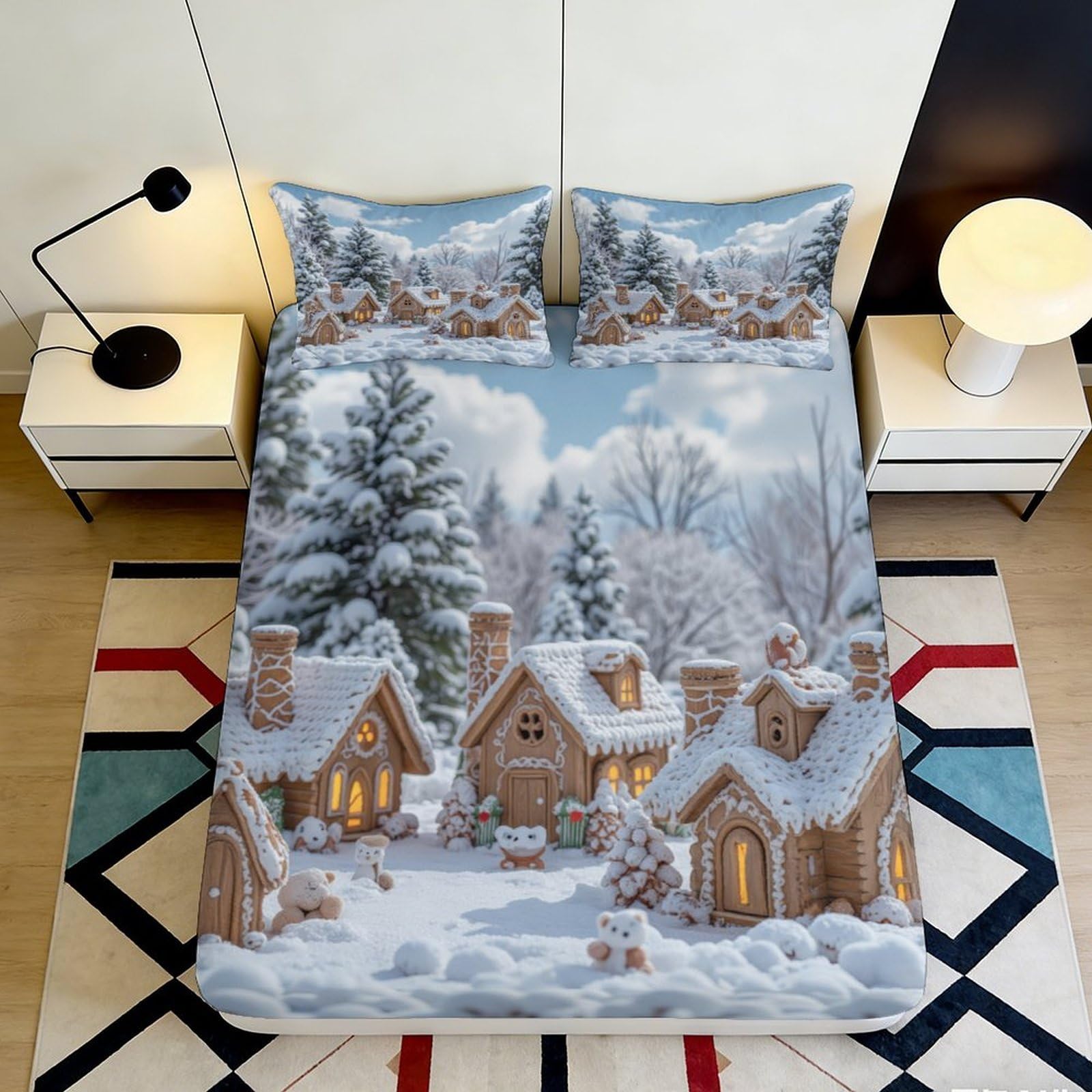 3D Printed Snow Village Fitted Sheet Microfiber Winter Cottage Bed Cover for Bedroom Guest Room Mattress Protection Decor 140x200x25cm