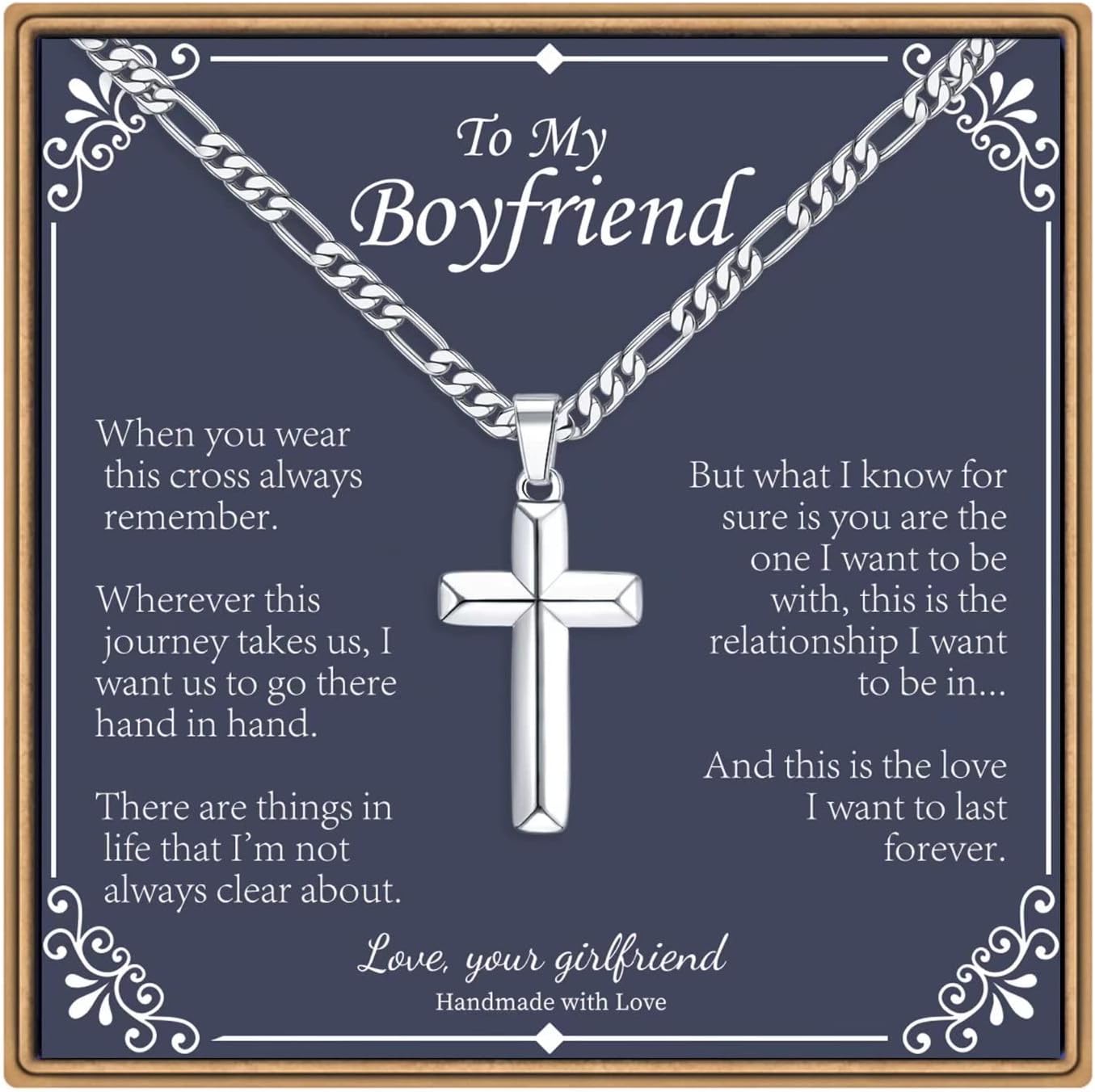 IEFLIFE Cross Necklace Gifts for Men, Silver/Black/Gold Cross Necklace, Figaro Chain for Men, Fathers Day Christmas Baptism Religious Christian Gift for Dad Son Grandpa Boyfriend Husband