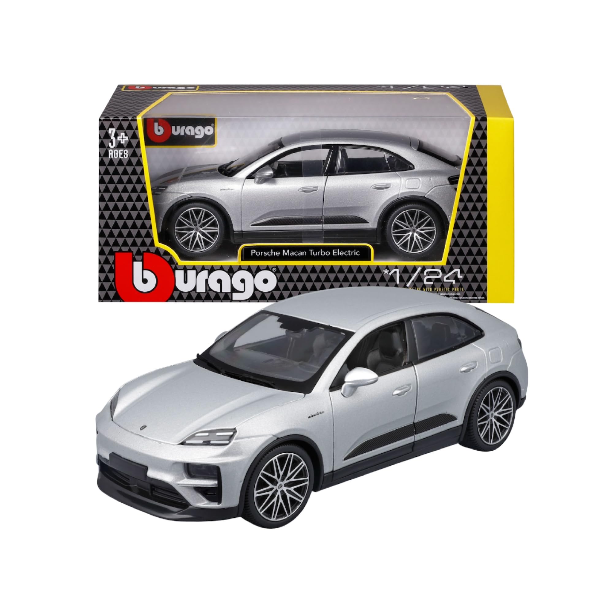 BBURAGO Porsche Macan 4 Electric, diecast car on a scale of 1:24, detailed replica with opening bonnet and doors, officially licensed by Porsche, random assortment, recommended age 3+ years