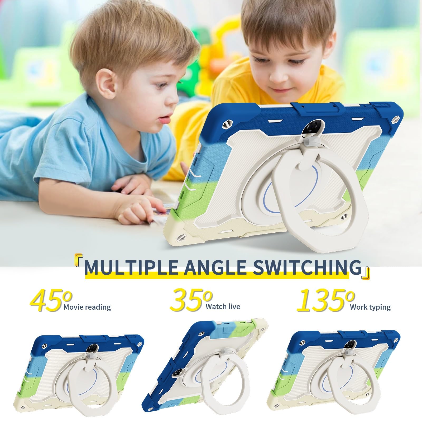Custodia protettiva resistente per Honor Pad 9 2023 da 12,1 pollici, supporto girevole a 360°, tracolla, portapenne e anello per manico, copertura antiurto, per bambini e adulti (blu bianco)