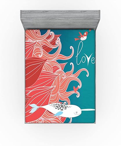 Miniatura 2 de Ambesonne Narwhal - Juego de sábanas bajeras ajustables, ilustración de boceto con temática de amor con pájaro ballena ártica y arreglo floral, ropa