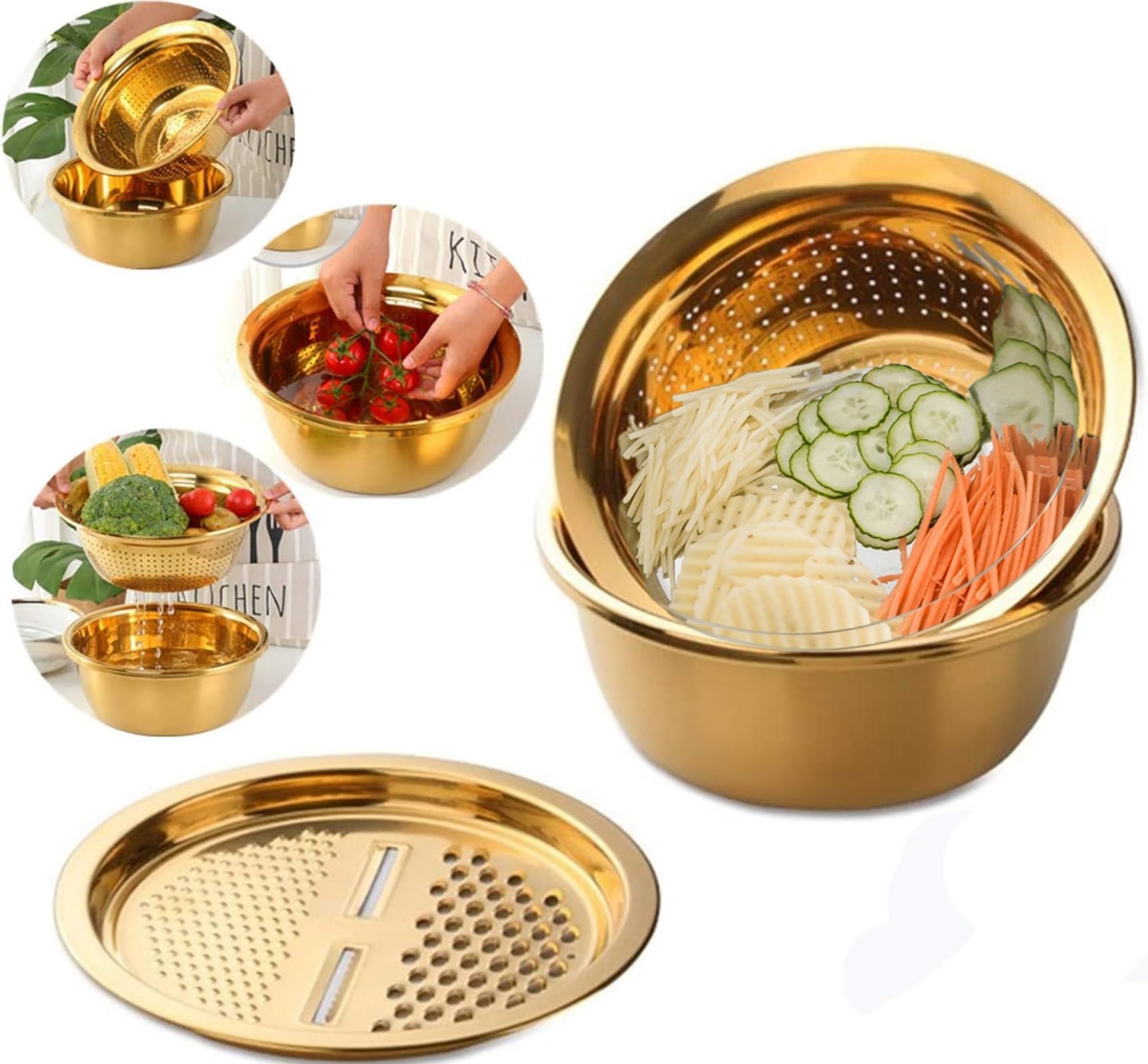 Multifunktionales Goldsieb aus Edelstahl, 3er-Set, große Kapazität, Küchensieb, Utensil zum Waschen von Gemüse, Obst und Kartoffeln, Karottenreibe