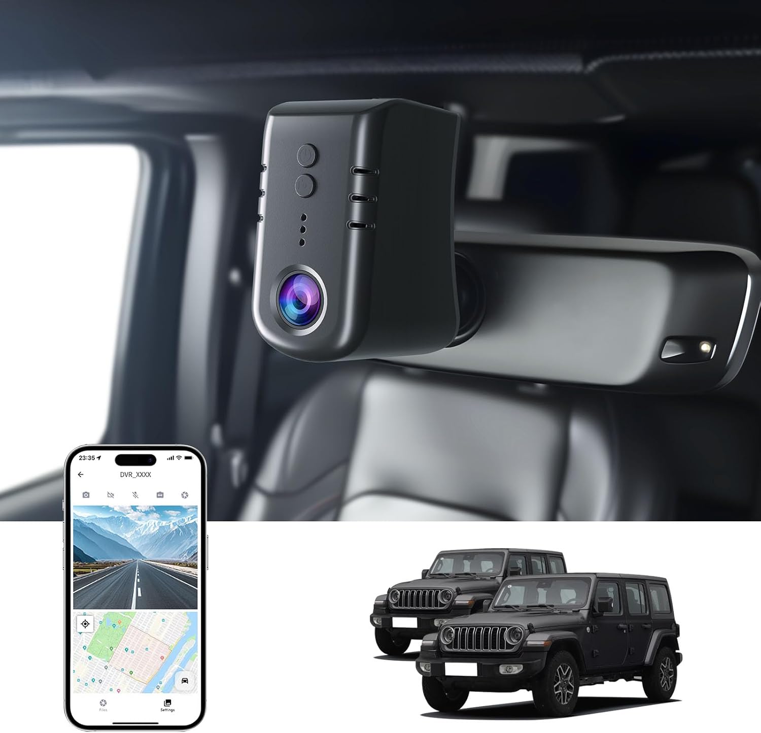 Front 4K Dash Cam for Jeep Gladiator JT 2018-2024 Mojave Overland & Wrangler JL 2018-2024 etc,Loop Recording,OEM-Style,App & WiFi,64GB Card