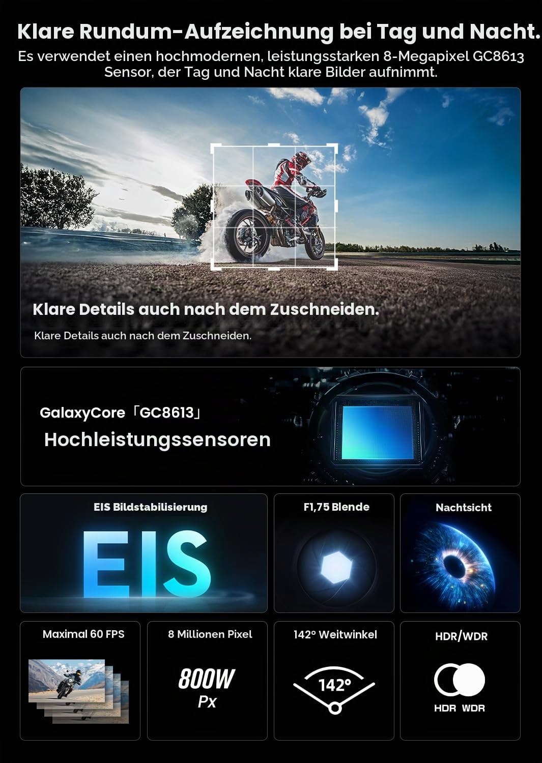 AKEEYO-710Pro EIS Fahrradkamera, 4K28FPS 20MP WiFi Action Kamera mit IP66 Ultra HD wasserdichte Kamera, 142° Weitwinkelansicht mit 64GB Karte, Upgrade Anti-Shake Funktion mit Nachtsicht,G-Sensor,GPS