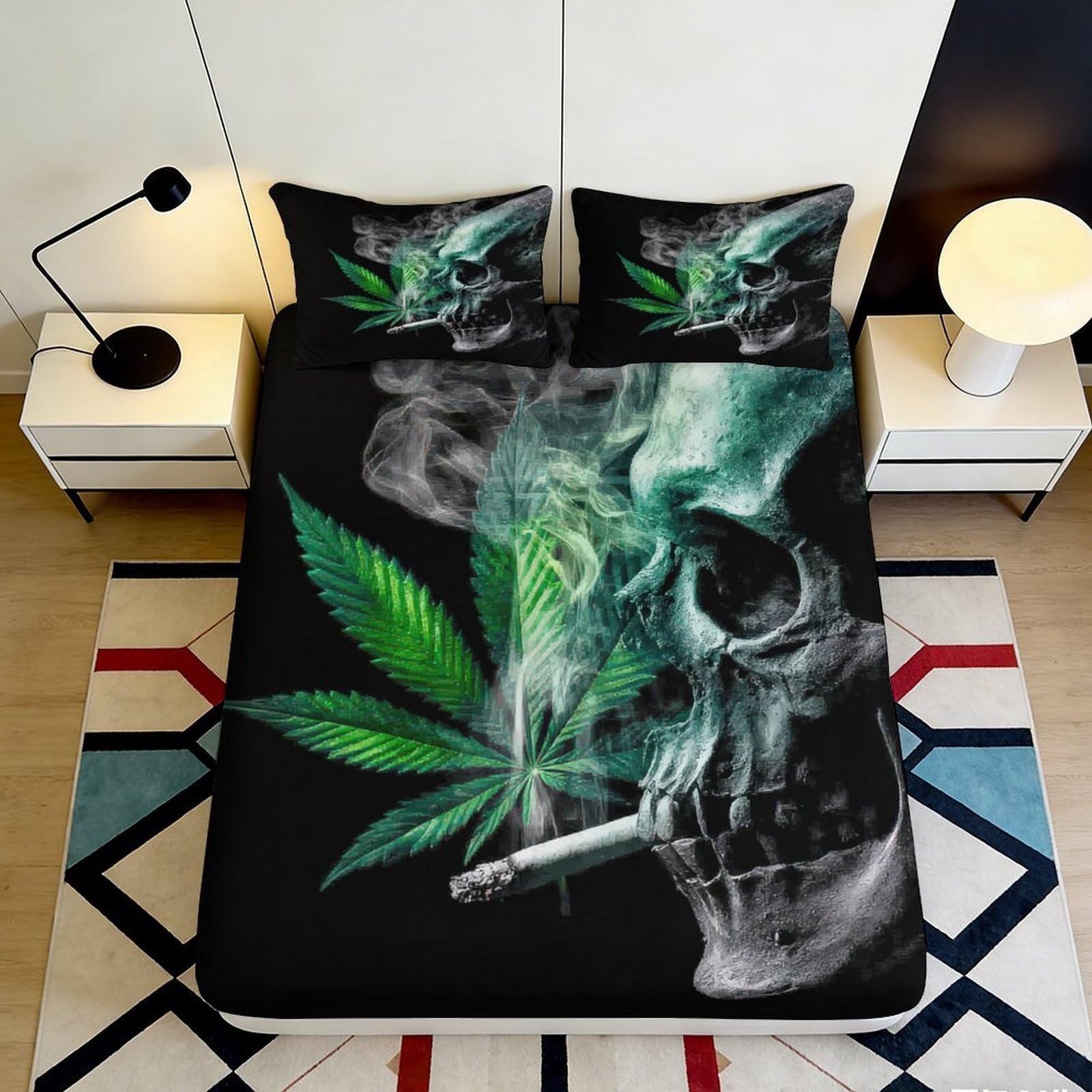 3D Printed Skull Smoke Fitted Sheet Microfiber Black Leaf Bed Cover for Bedroom Dorm Mattress Protector Decor 90x200x25cm