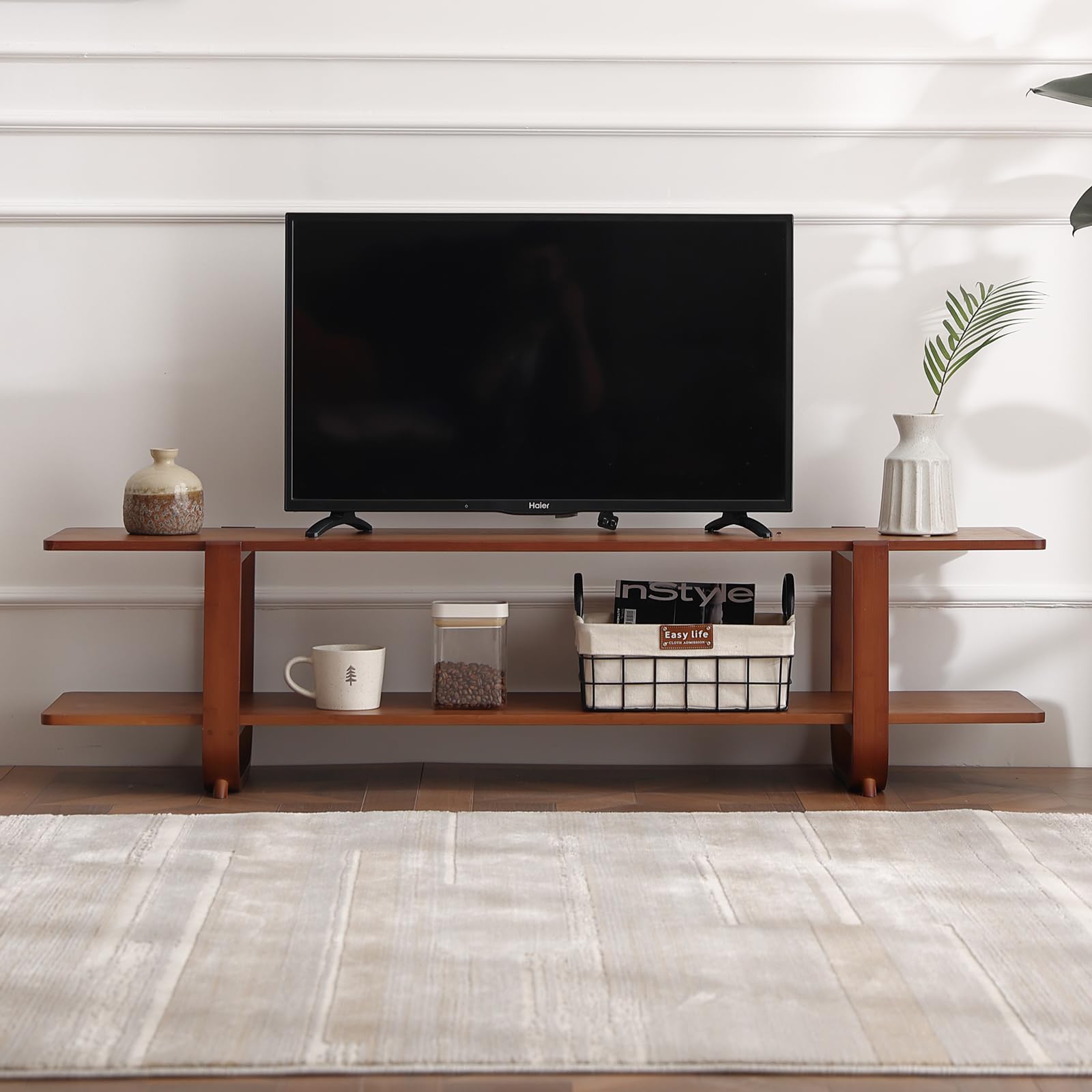 Soporte de TV de bambú para hasta 65 pulgadas, centro de entretenimiento moderno de mediados de siglo con estantes abiertos de 2 niveles, mesa consola de almacenamiento para sala de estar, 8