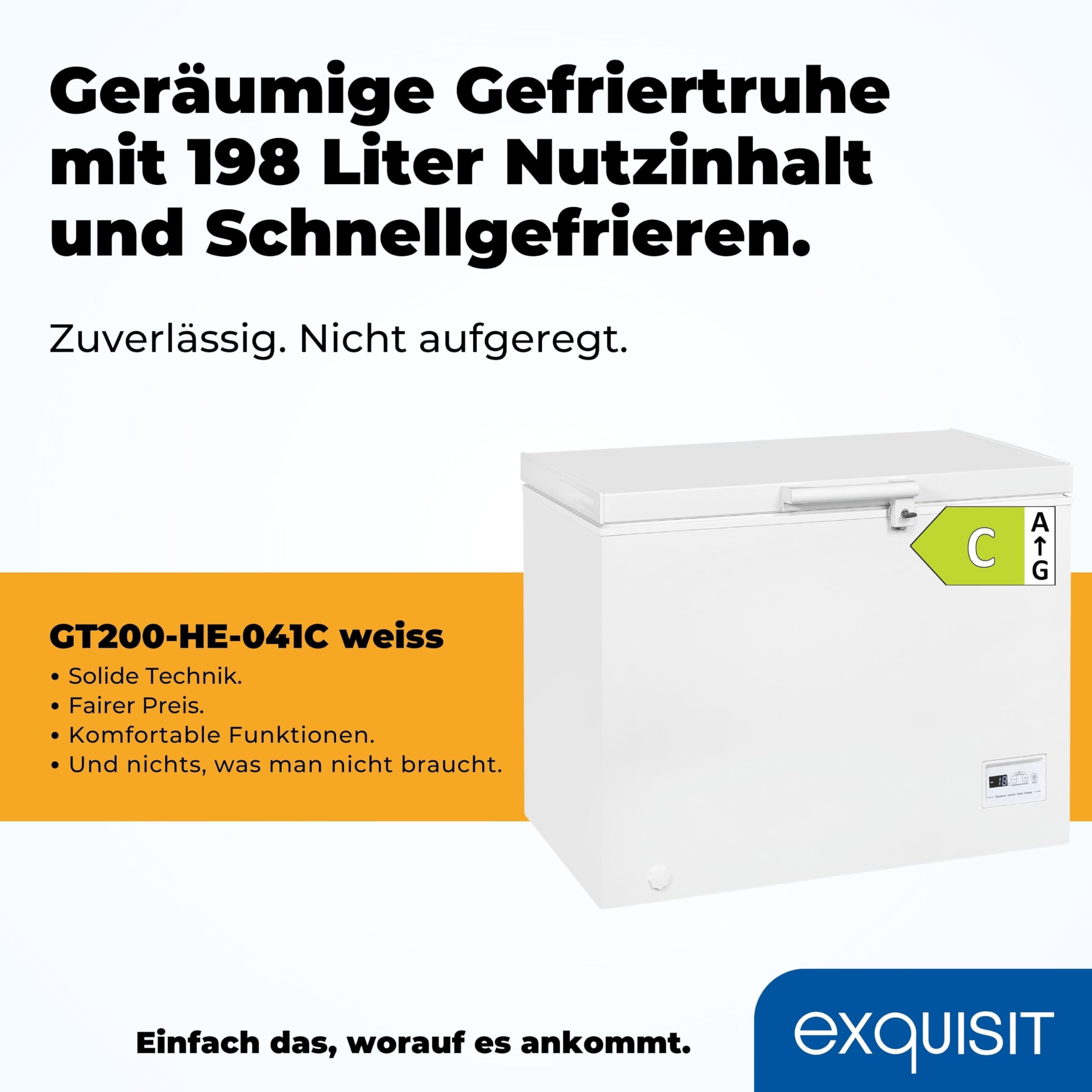 Exquisit GT200-HE-041C Gefriertruhe 198 L Weiss Energieeffizienz C 4-Sterne-Gefrierfach Schnellgefrieren LED-Licht Kompakt 84,5x102,6x61,6 cm