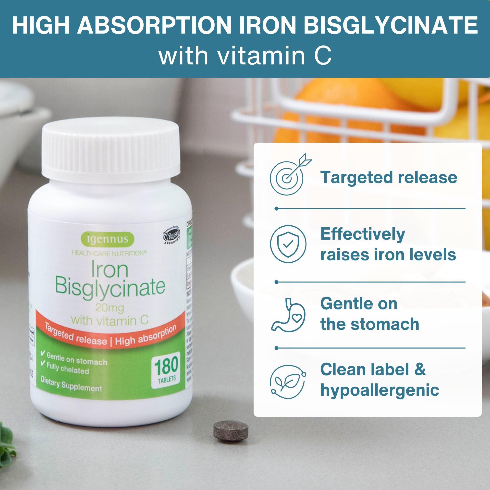 Igennus Clean Iron Bisglycinate 20mg with Vitamin C, 180 Tablets — Amazon image 2